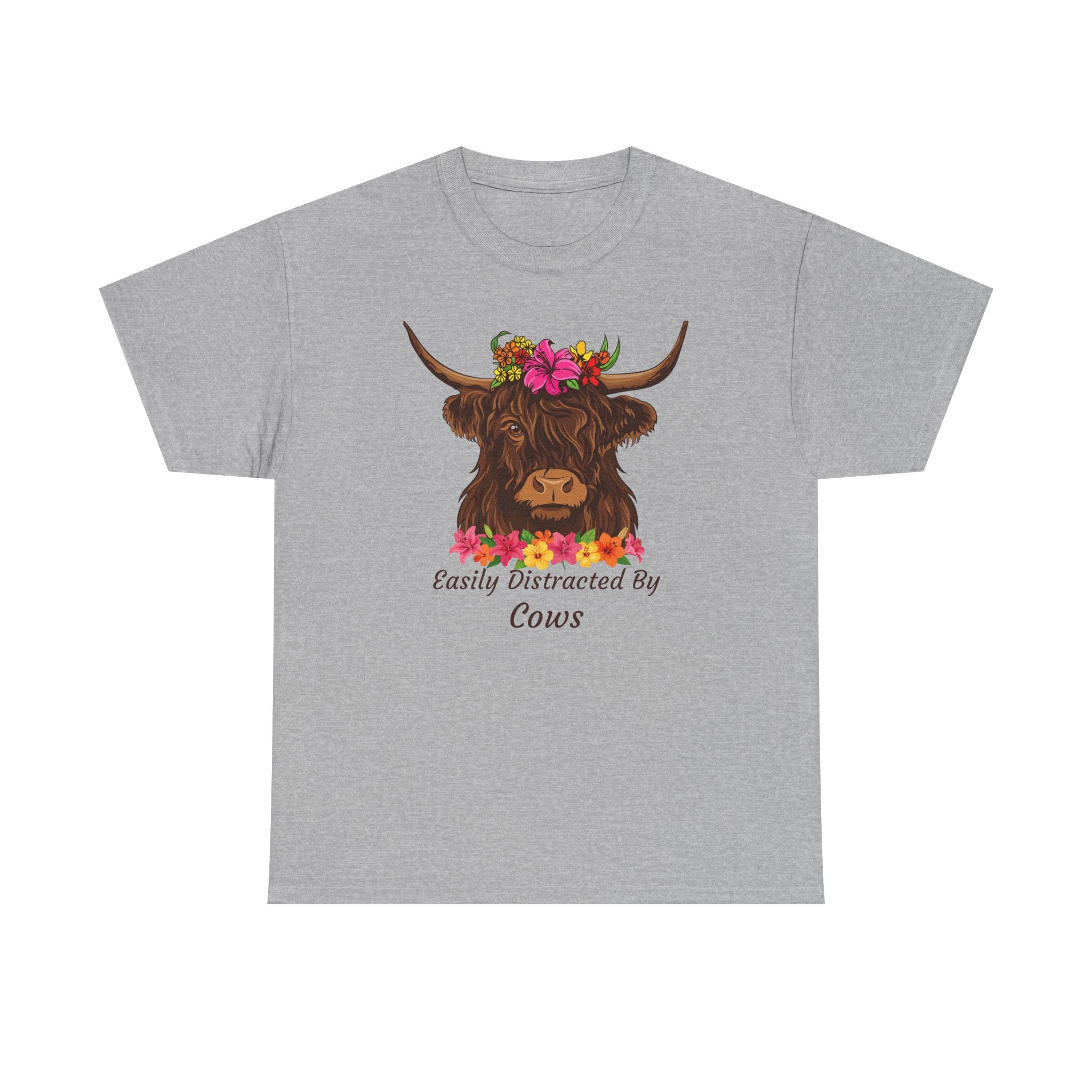 Highland Cow Floral Tee — "Easily Distracted by Cows" Cute Cow Graphic T-Shirt