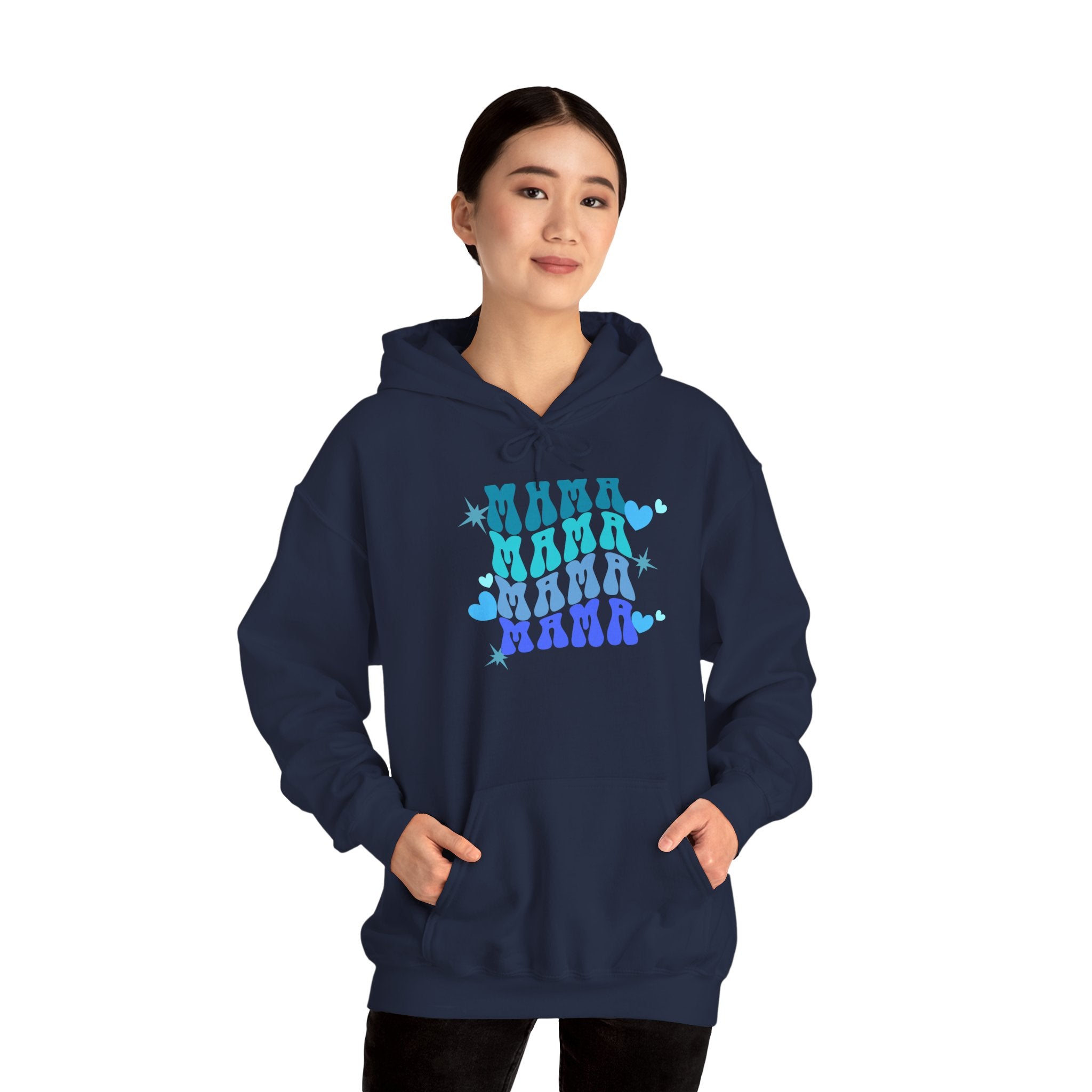 Mama Heart Crewneck Hoodie – Blue Gradient “MAMA” Graphic Sweatshirt