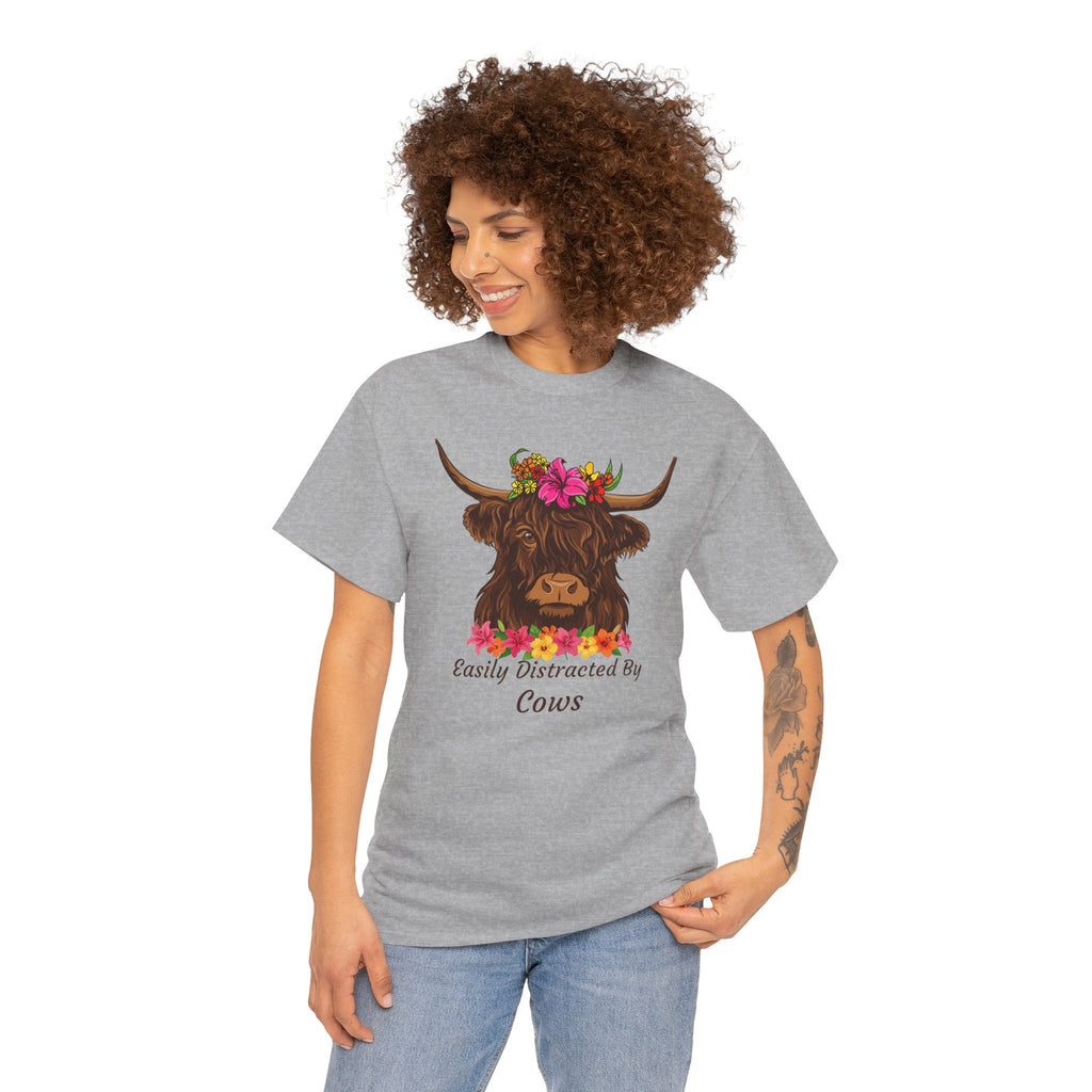 Highland Cow Floral Tee — "Easily Distracted by Cows" Cute Cow Graphic T-Shirt
