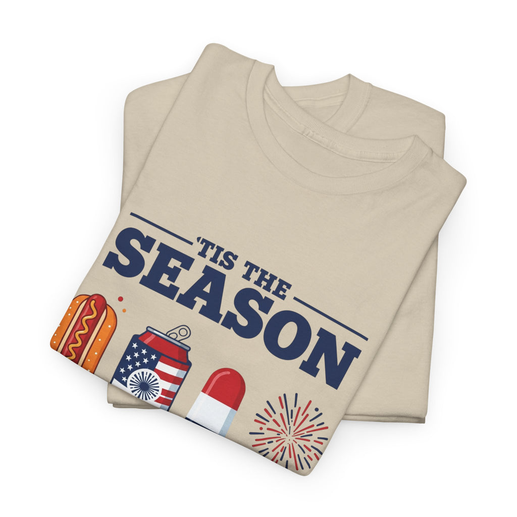 Fourth of July Tee — "'Tis the Season" Patriotic Hot Dog, Popsicle & Fireworks T-Shirt
