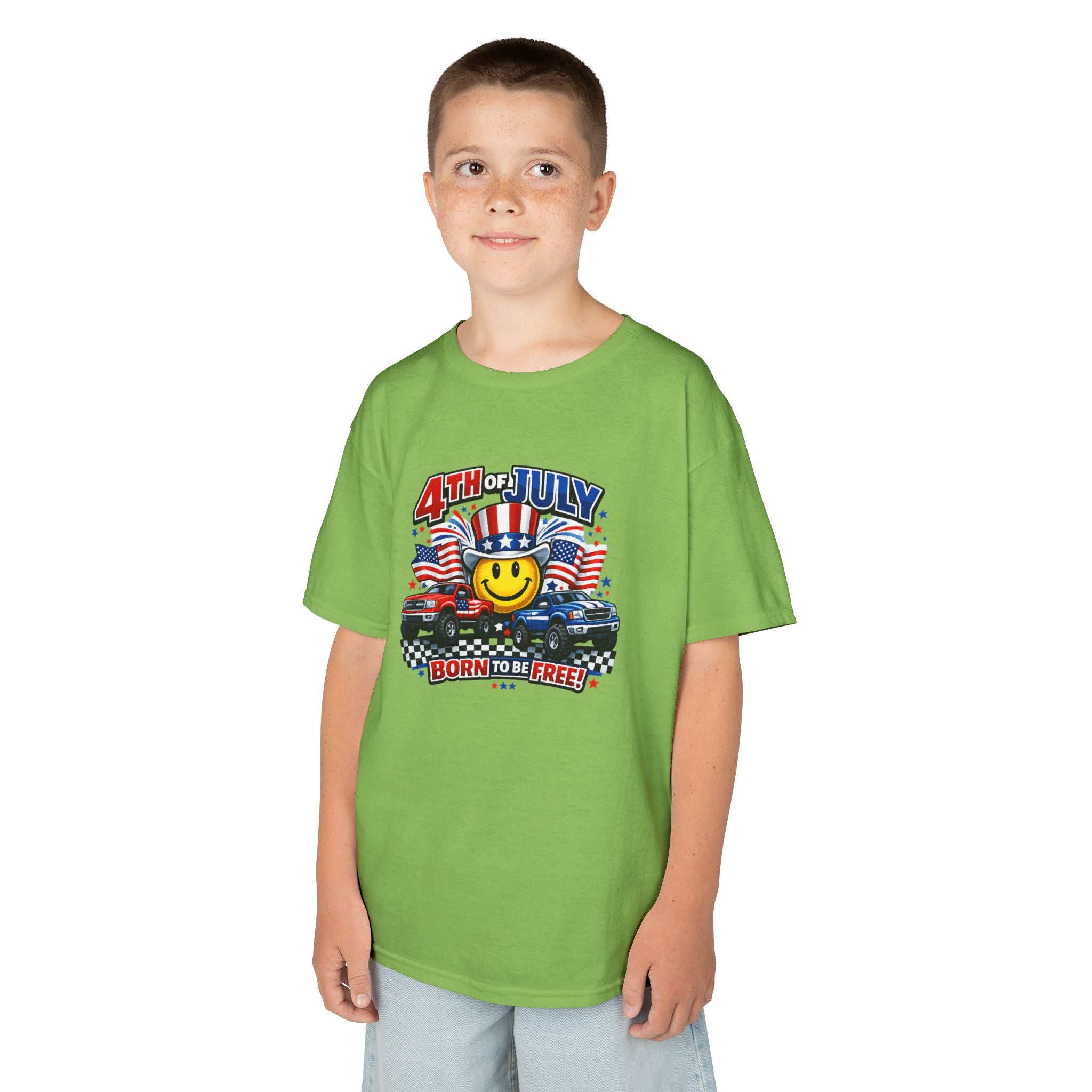 Kids Tee — 4th of July 'Born to Be Free' Smiley Flag Design