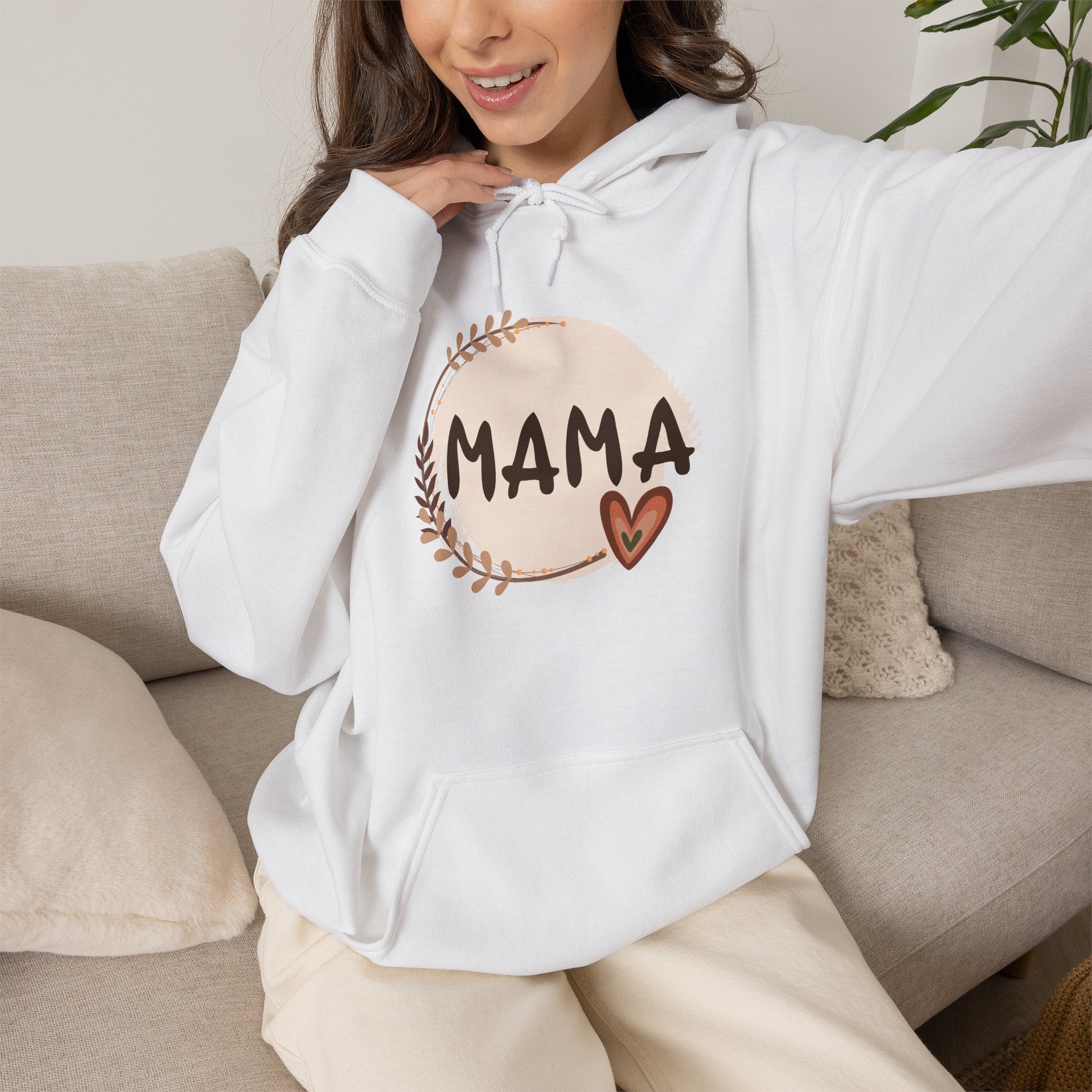 Mama Heart Hoodie — Soft Neutral Mom Sweatshirt, 'MAMA' Script with Heart & Wreath (Mother’s Day Gift)
