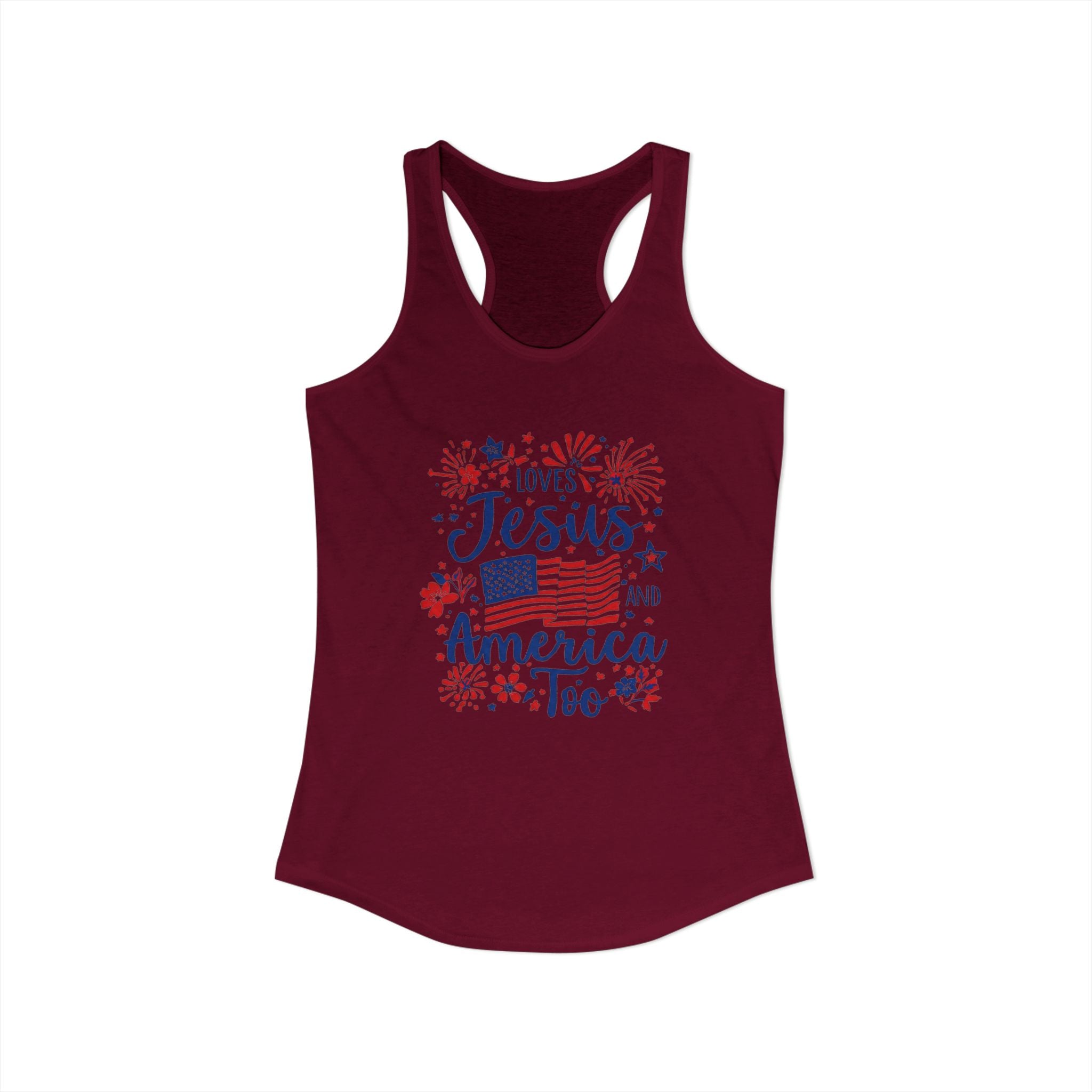Loves Jesus and America Too Racerback Tank — Patriotic Christian Women's Tank