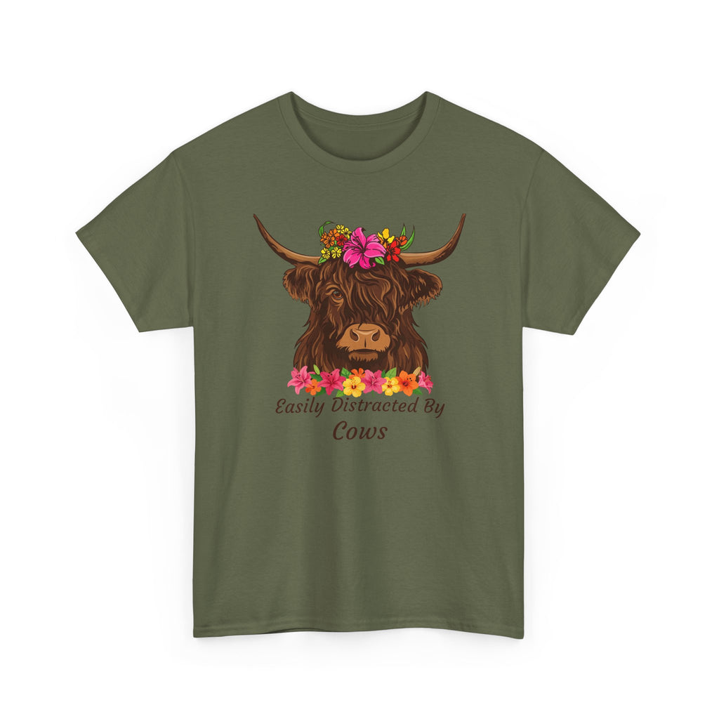 Highland Cow Floral Tee — "Easily Distracted by Cows" Cute Cow Graphic T-Shirt