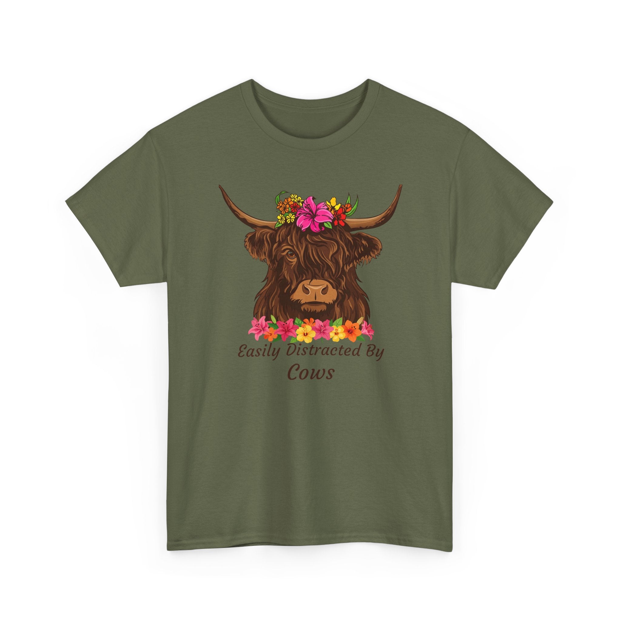 Highland Cow Floral Tee — "Easily Distracted by Cows" Cute Cow Graphic T-Shirt