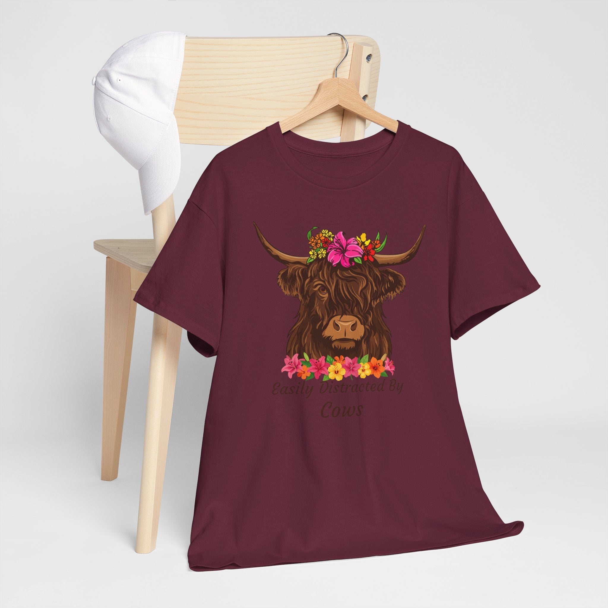 Highland Cow Floral Tee — "Easily Distracted by Cows" Cute Cow Graphic T-Shirt