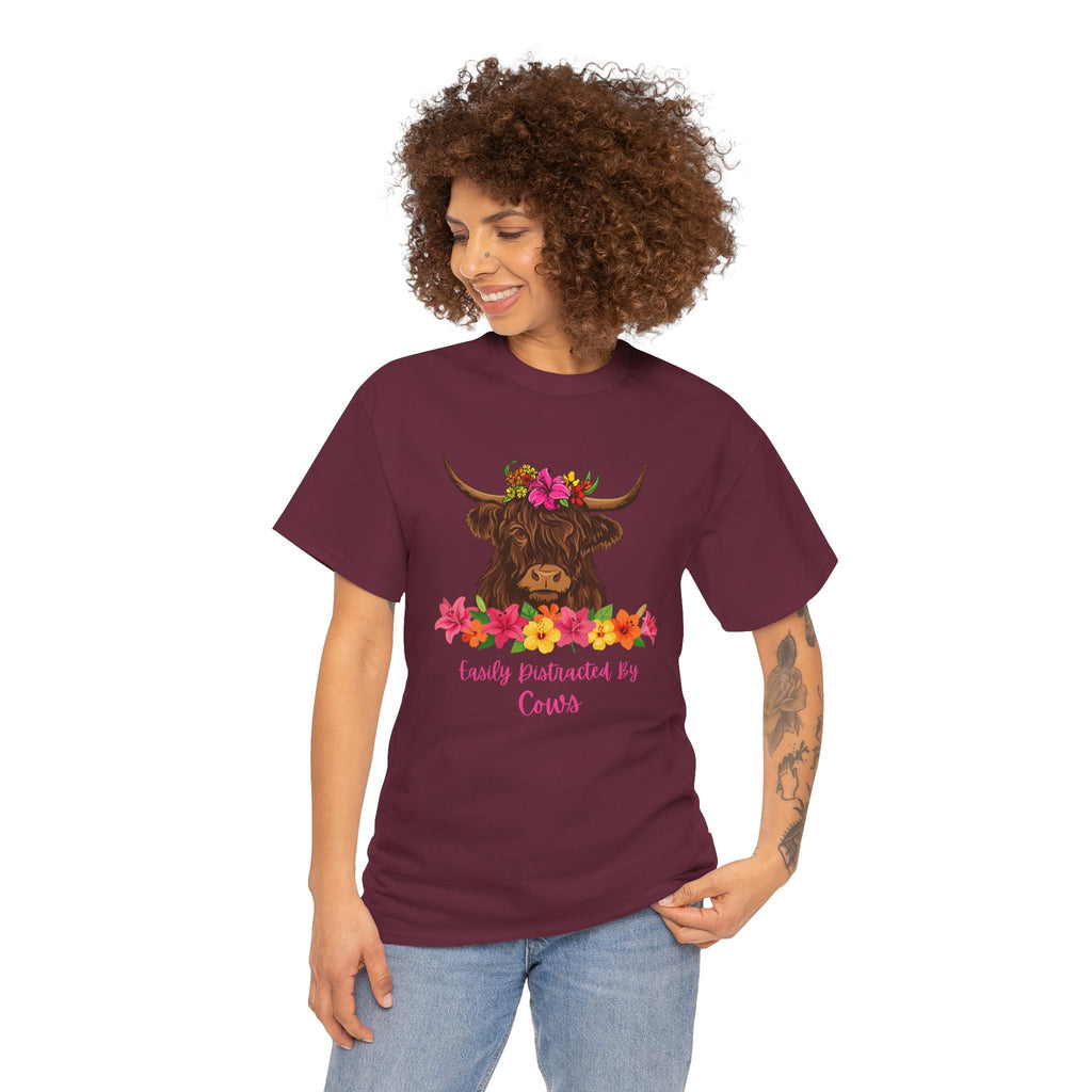 Cow Mom Floral Tee — 'Easily Distracted By Cows' Highland Cow Graphic Shirt