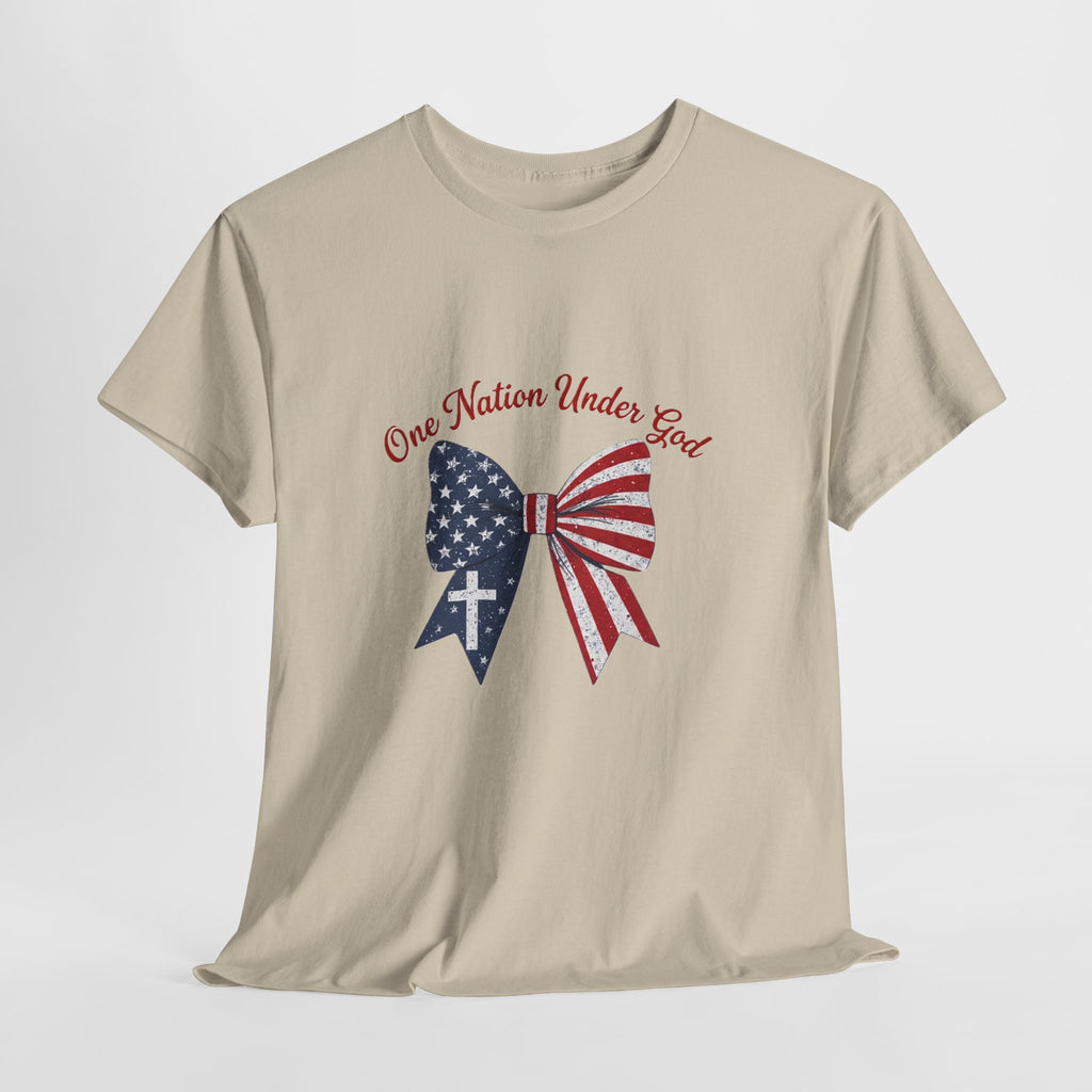 Patriotic Bow Tee — "One Nation Under God" American Flag Cross T-Shirt