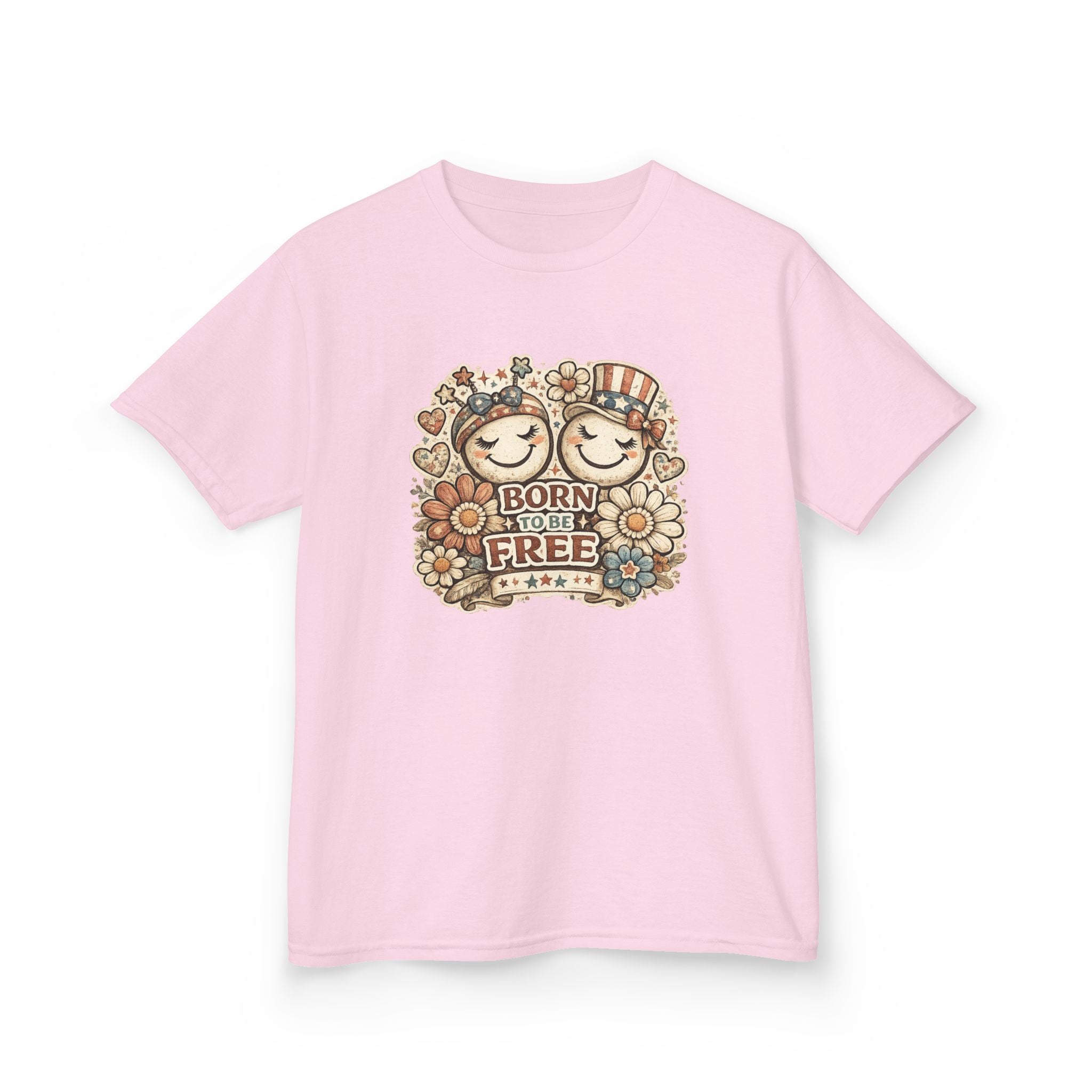 Kids T-Shirt – 'Born Free' Retro Smiley Flower Graphic