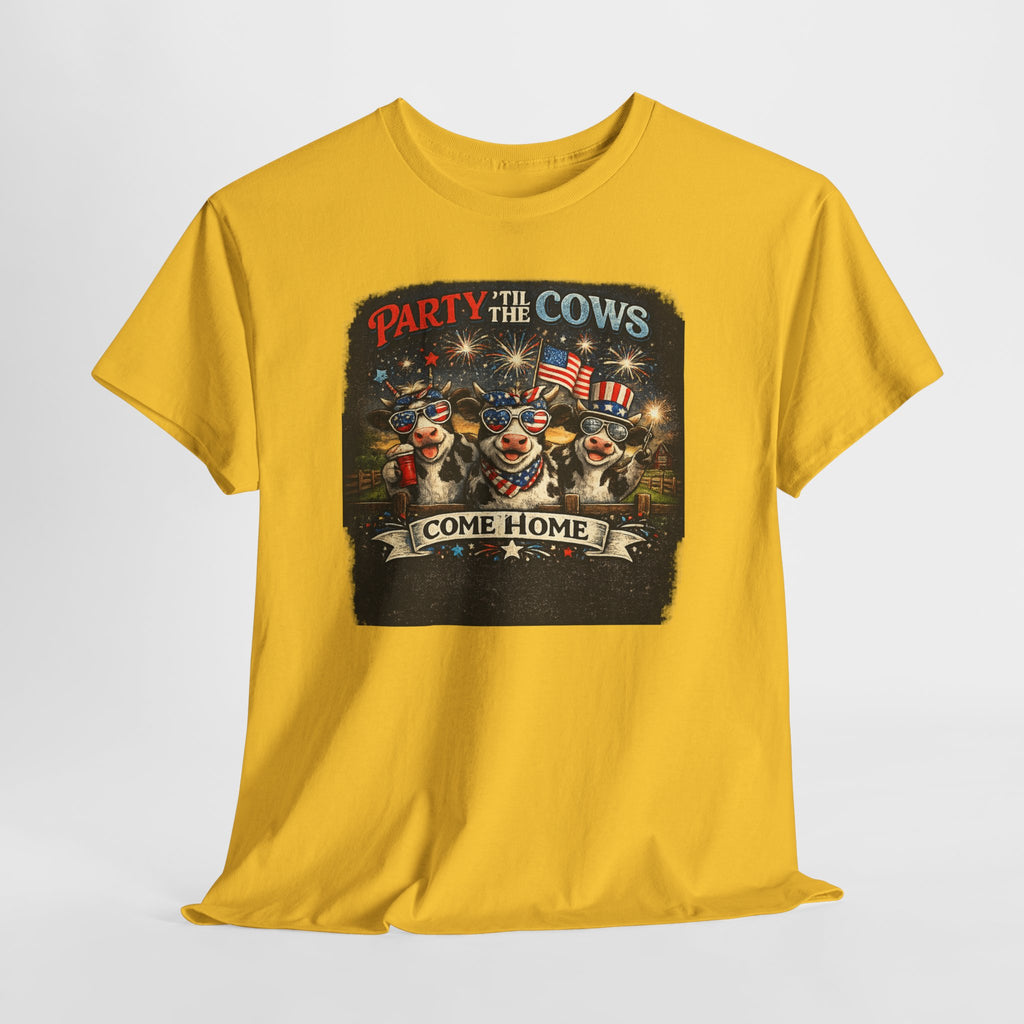Independence Day 'Party 'Til the Cows Come Home' T-Shirt — Fireworks & Cow Graphic
