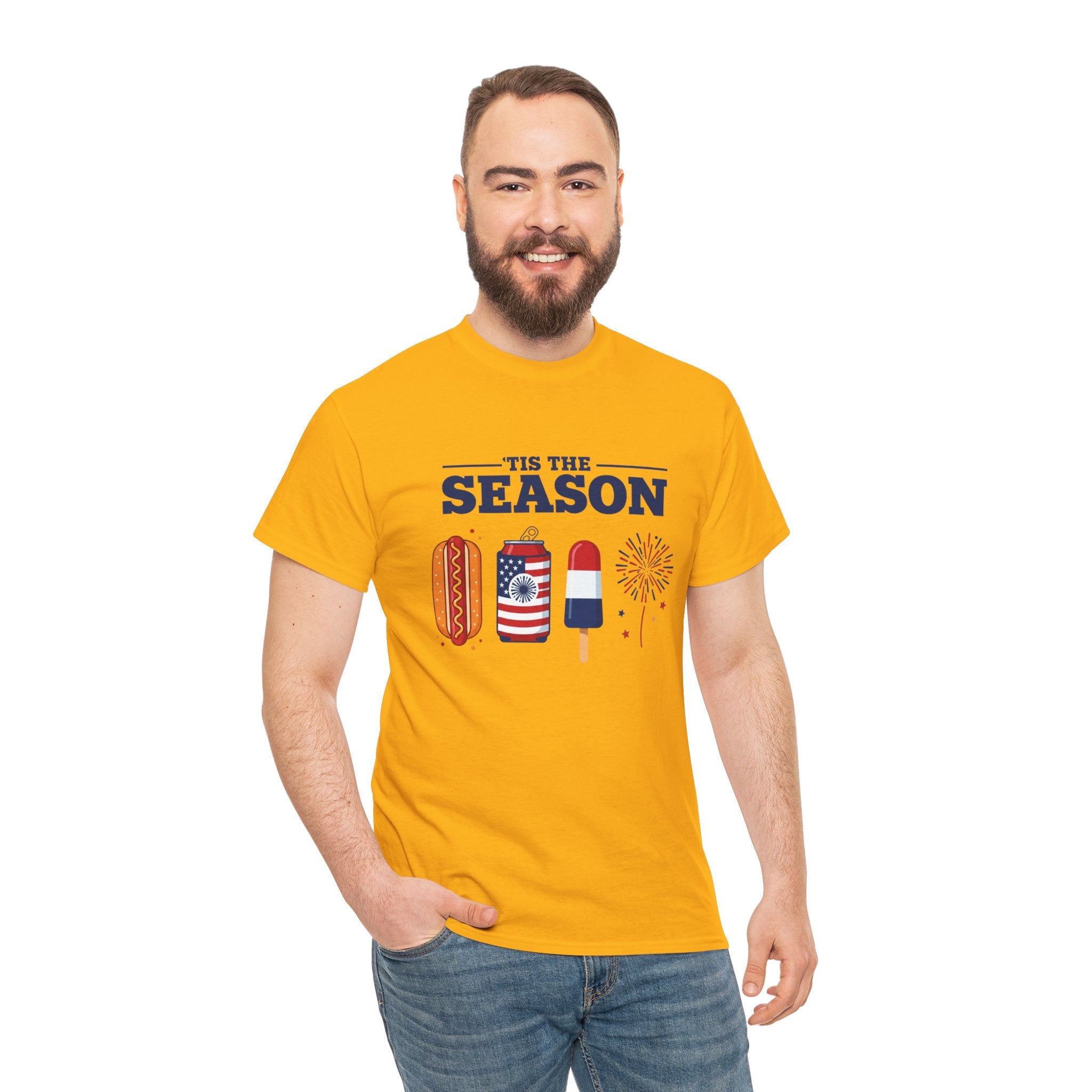 Fourth of July Tee — "'Tis the Season" Patriotic Hot Dog, Popsicle & Fireworks T-Shirt