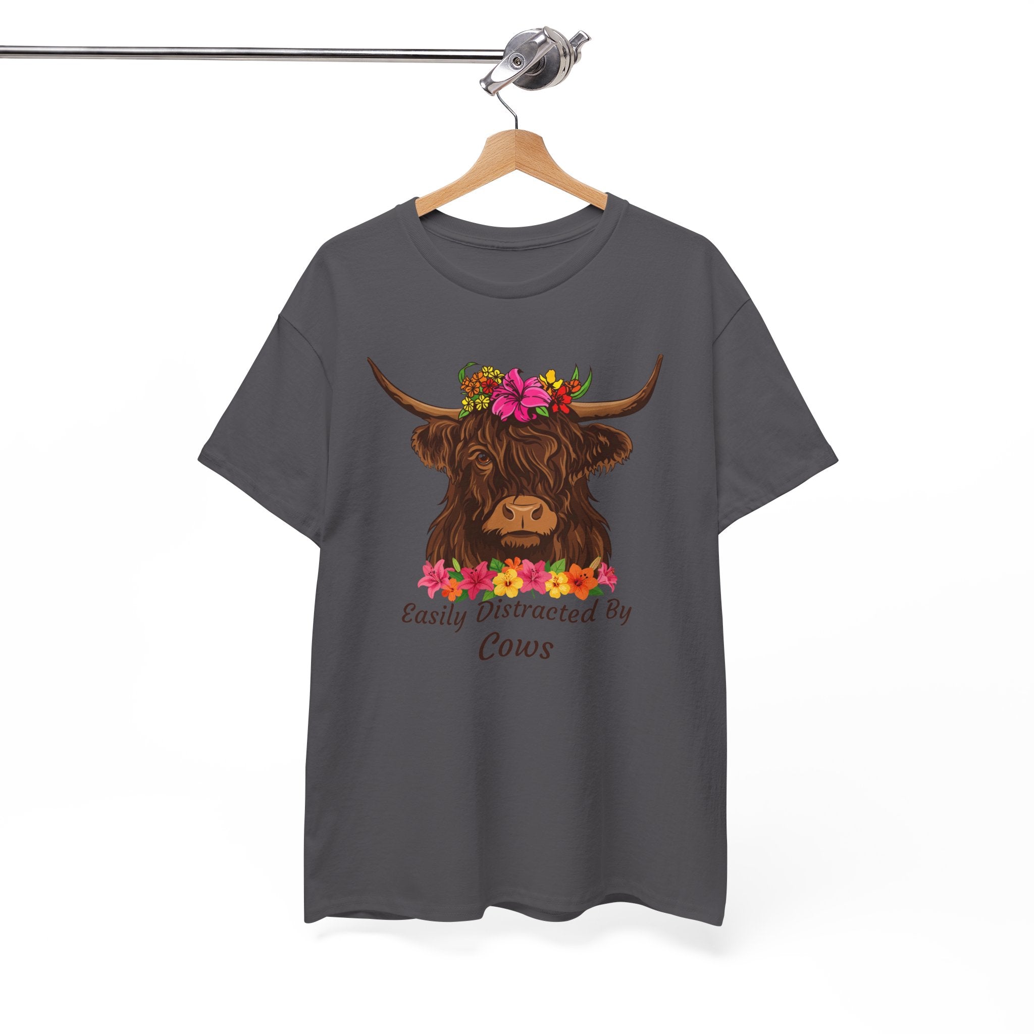 Highland Cow Floral Tee — "Easily Distracted by Cows" Cute Cow Graphic T-Shirt