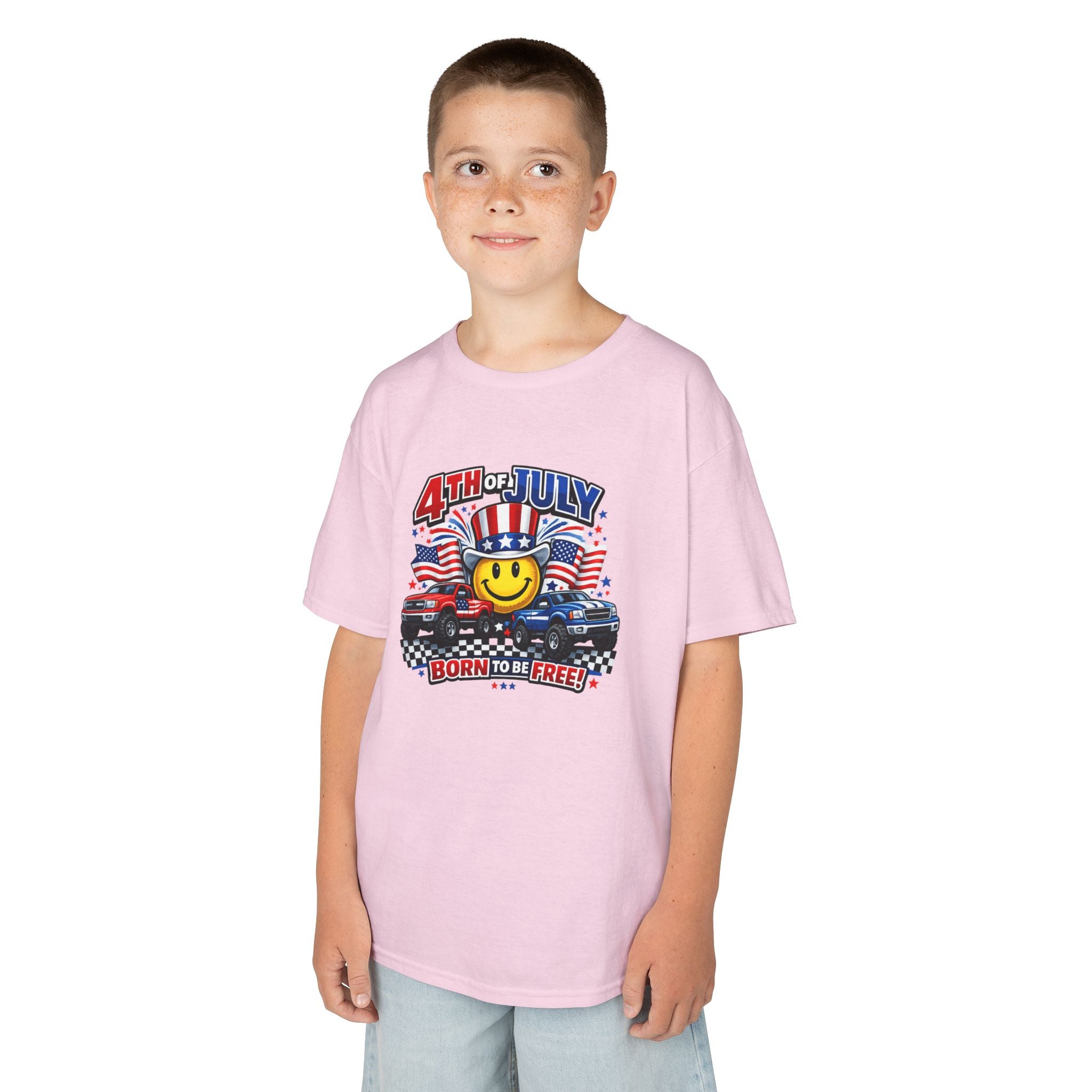 Kids Tee — 4th of July 'Born to Be Free' Smiley Flag Design