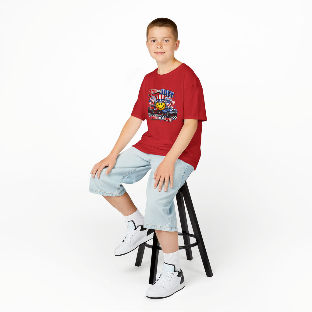 Kids Tee — 4th of July 'Born to Be Free' Smiley Flag Design