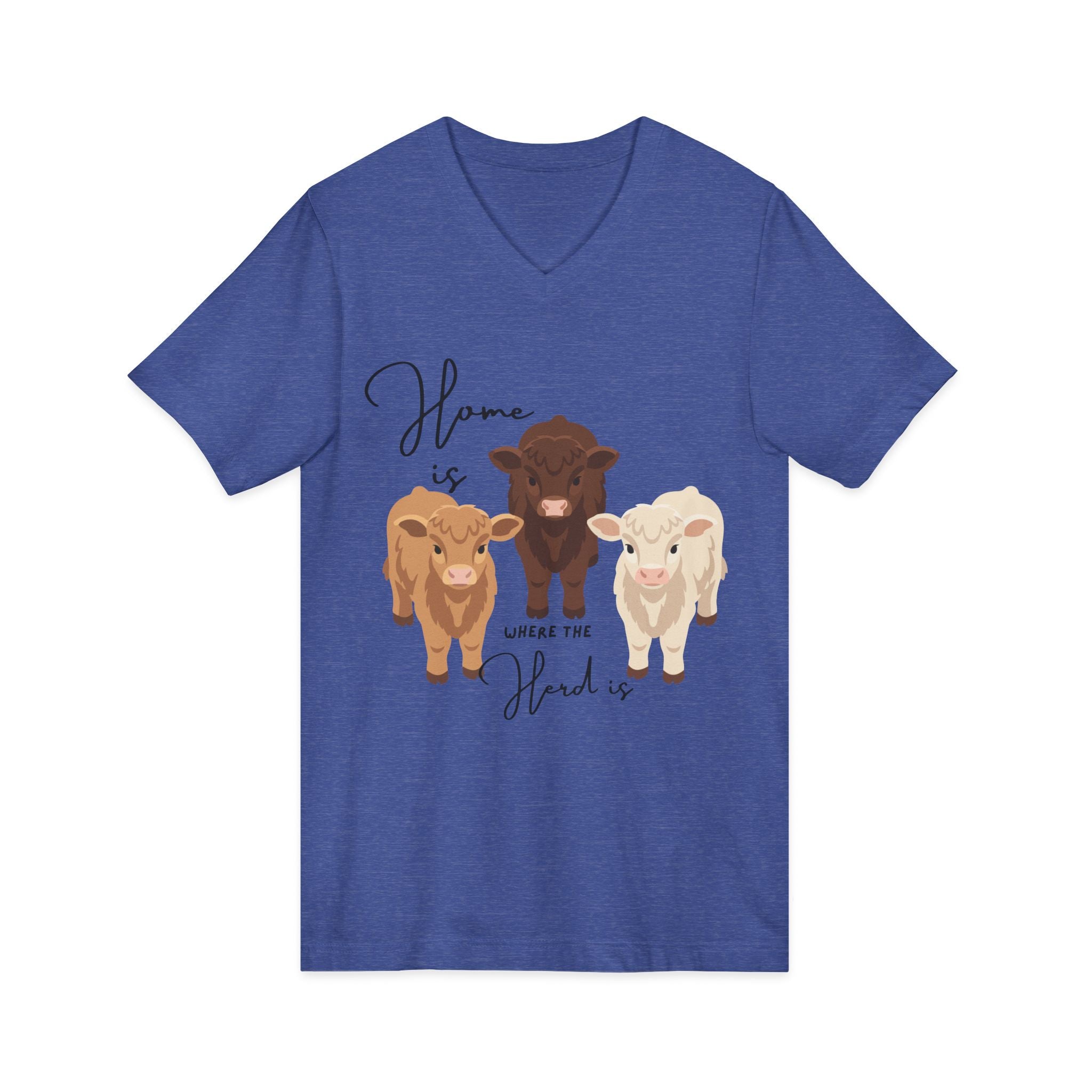 Cow Trio V-Neck Tee — "Home is Where the Herd Is" Cute Farm Animal Shirt