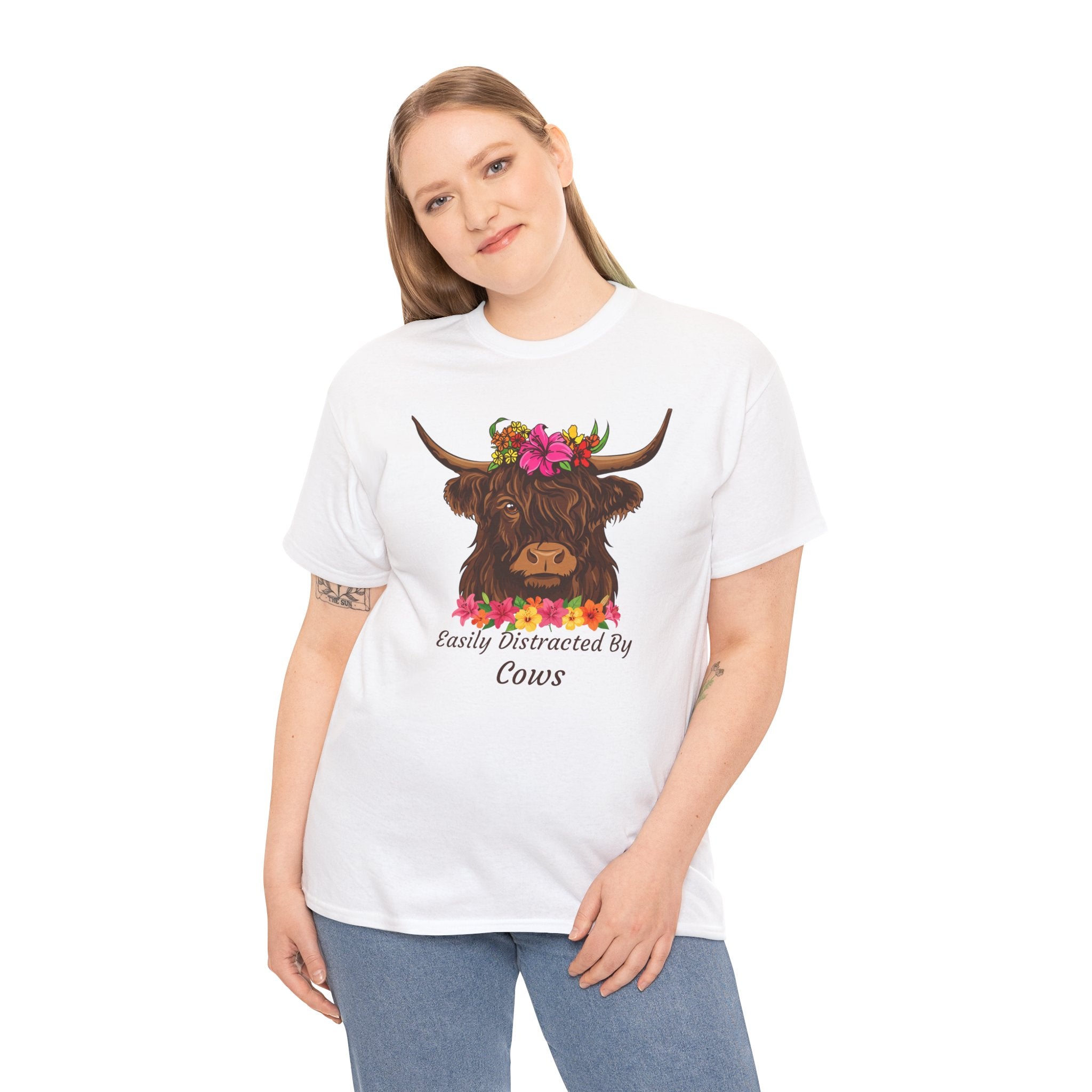 Highland Cow Floral Tee — "Easily Distracted by Cows" Cute Cow Graphic T-Shirt