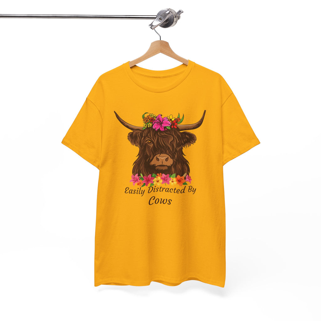 Highland Cow Floral Tee — "Easily Distracted by Cows" Cute Cow Graphic T-Shirt