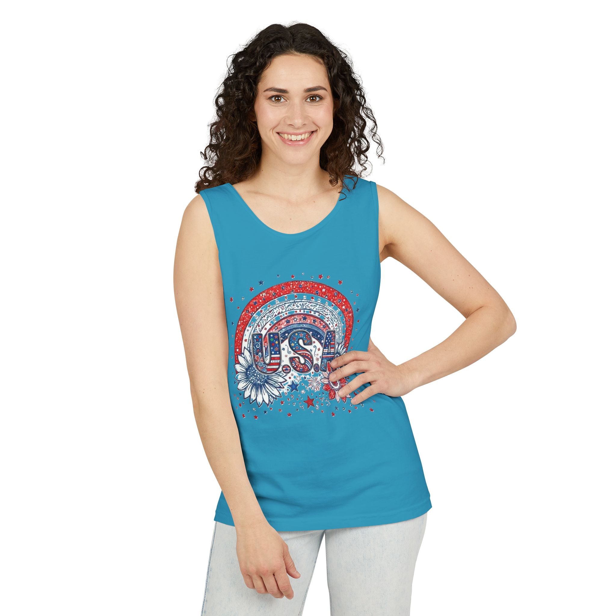 USA Rainbow Floral Tank Top — Patriotic 4th of July Sleeveless Tee