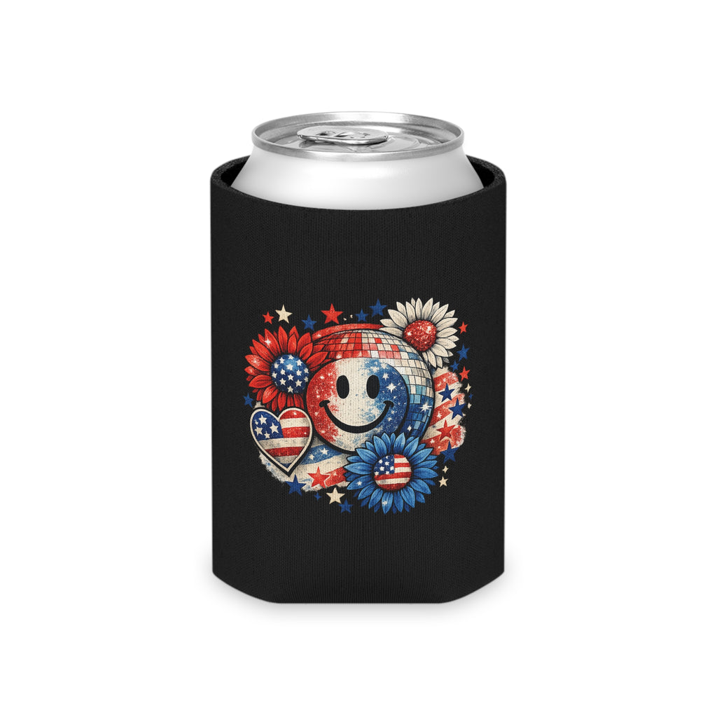 Patriotic Smile Can Cooler — 4th of July American Flag Floral Beer Koozie