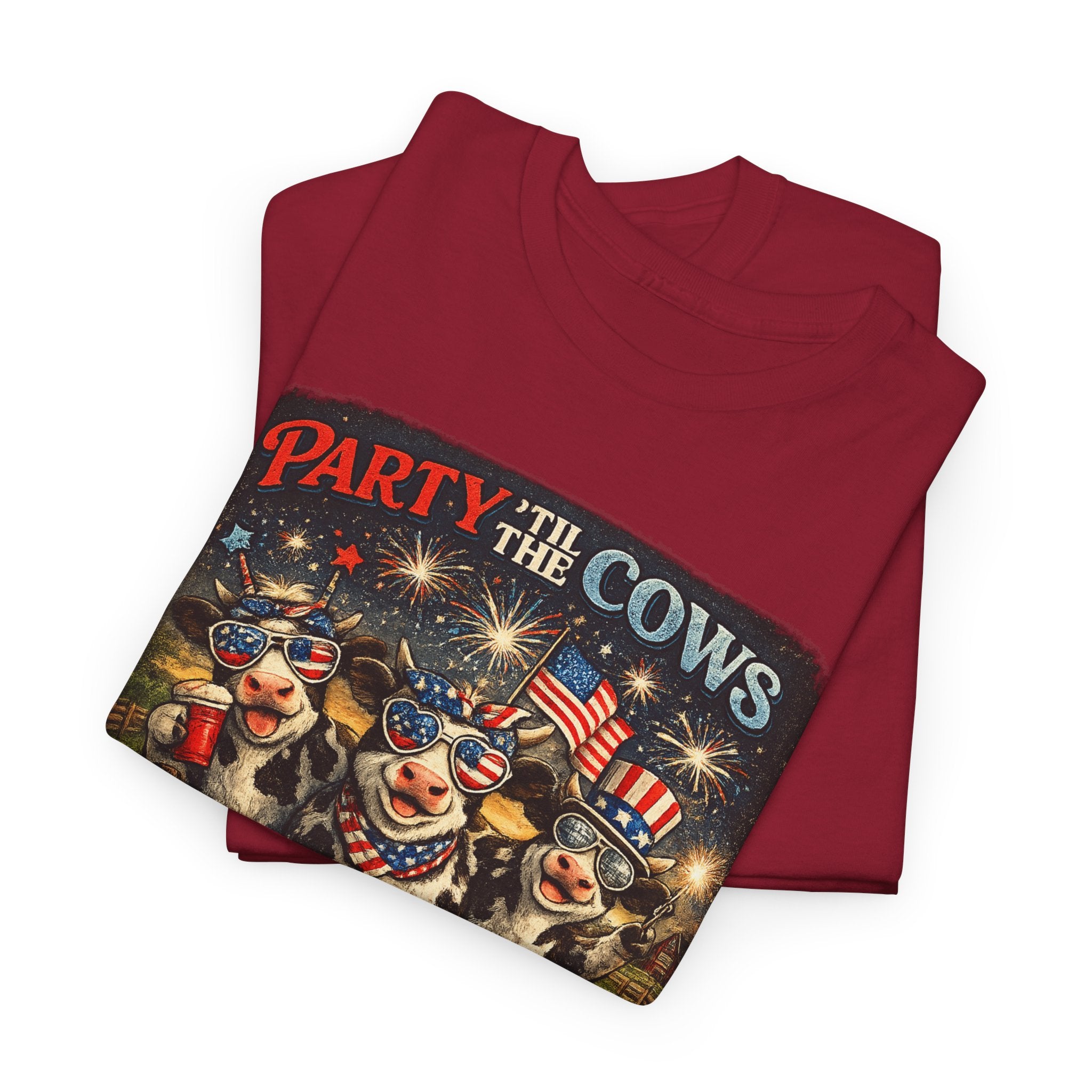 Independence Day 'Party 'Til the Cows Come Home' T-Shirt — Fireworks & Cow Graphic