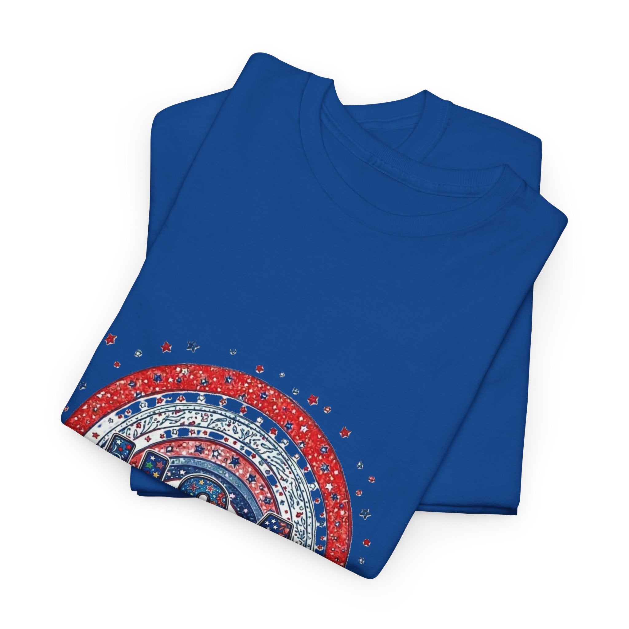 USA Retro Rainbow T-Shirt — Patriotic Fourth of July Tee with Stars & Flowers