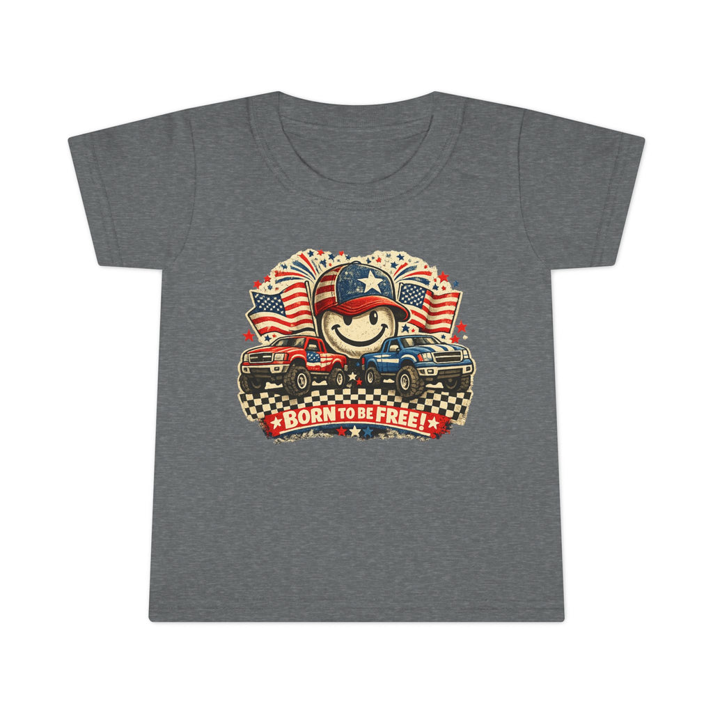 Toddler T‑Shirt — "Born to Be Free" Patriotic Trucks Graphic