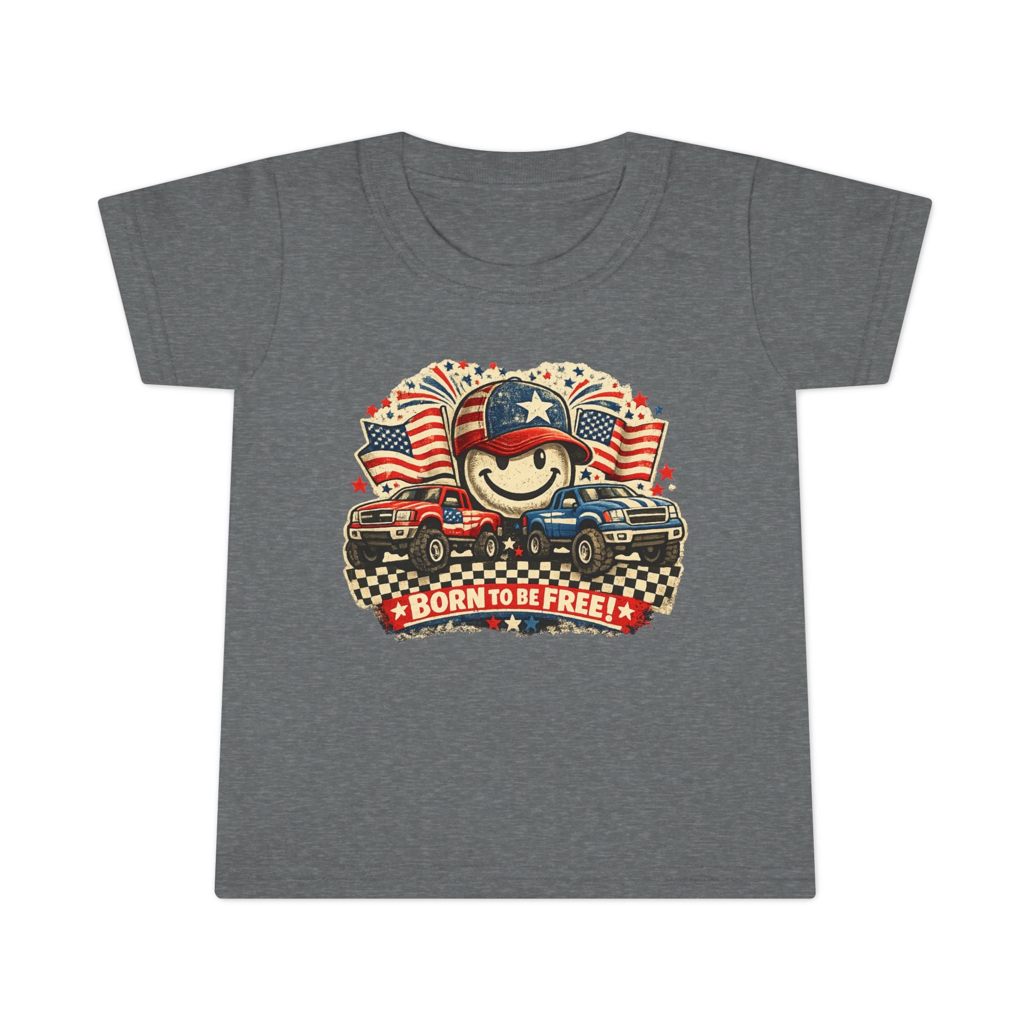 Toddler T‑Shirt — "Born to Be Free" Patriotic Trucks Graphic