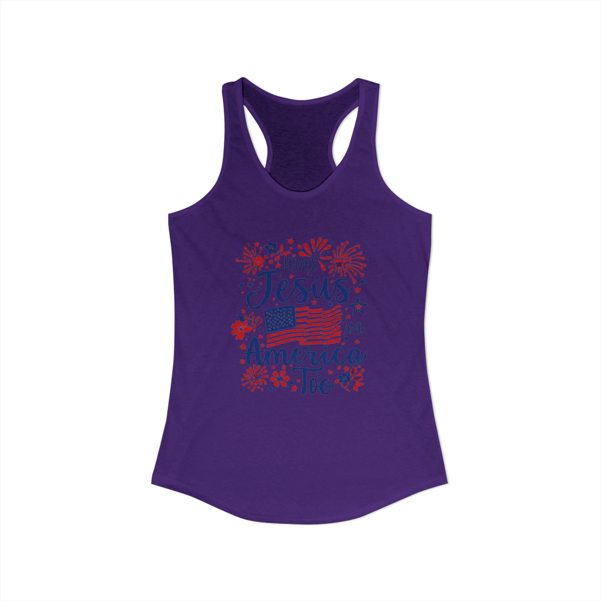 Loves Jesus and America Too Racerback Tank — Patriotic Christian Women's Tank