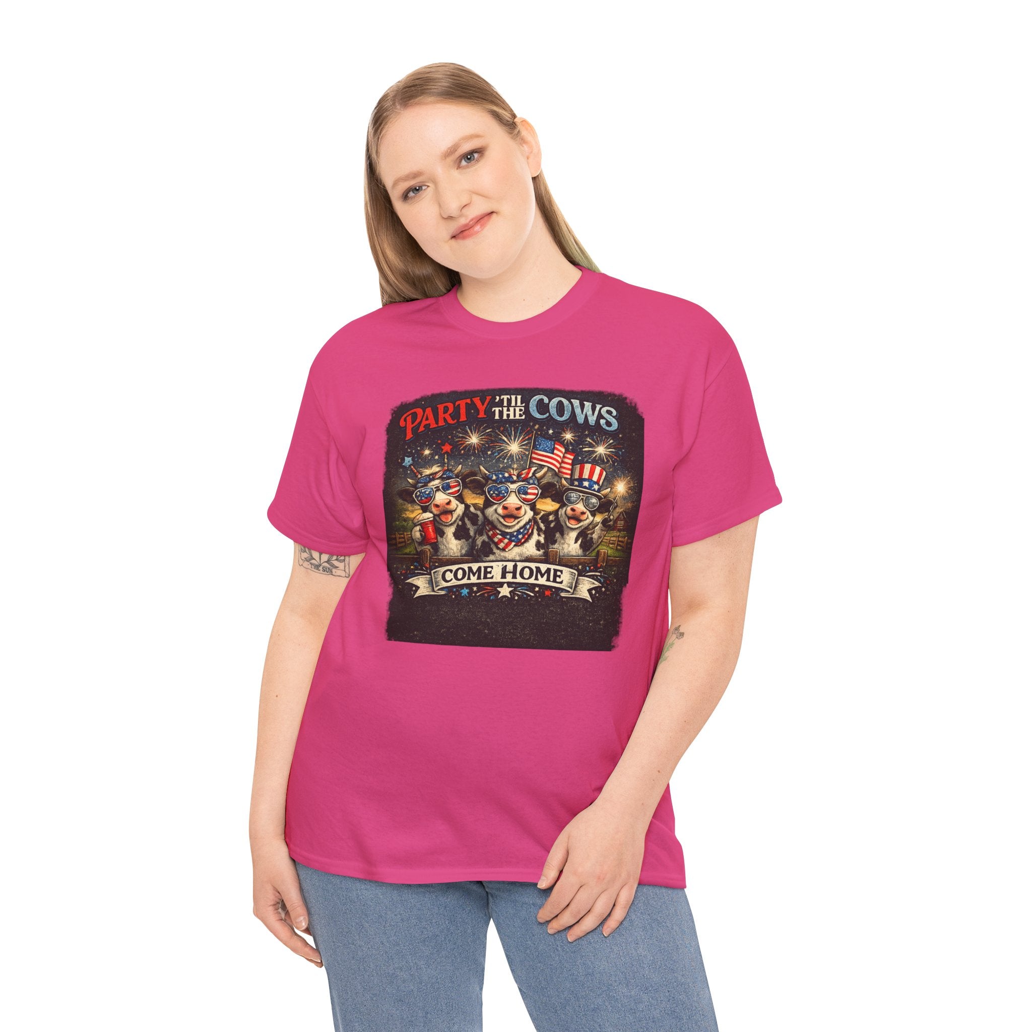 Independence Day 'Party 'Til the Cows Come Home' T-Shirt — Fireworks & Cow Graphic