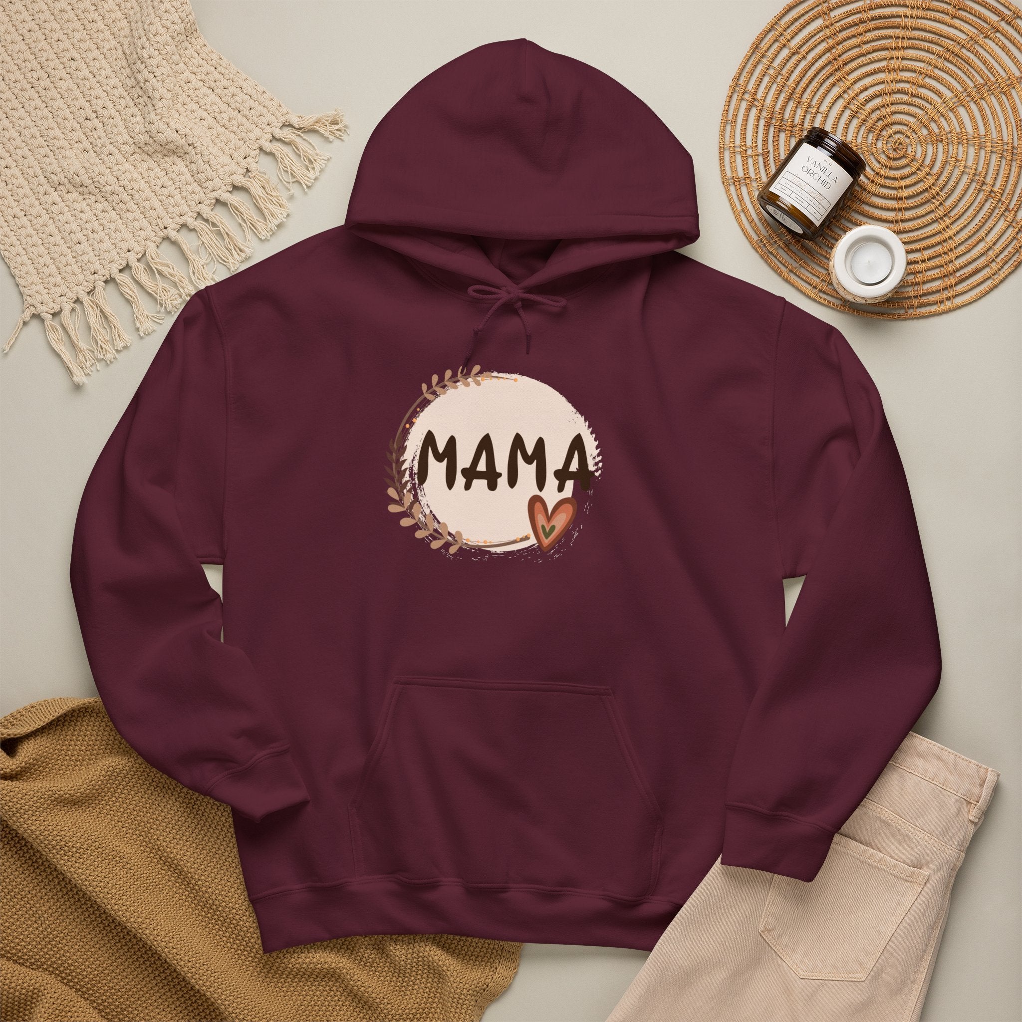 Mama Heart Hoodie — Soft Neutral Mom Sweatshirt, 'MAMA' Script with Heart & Wreath (Mother’s Day Gift)