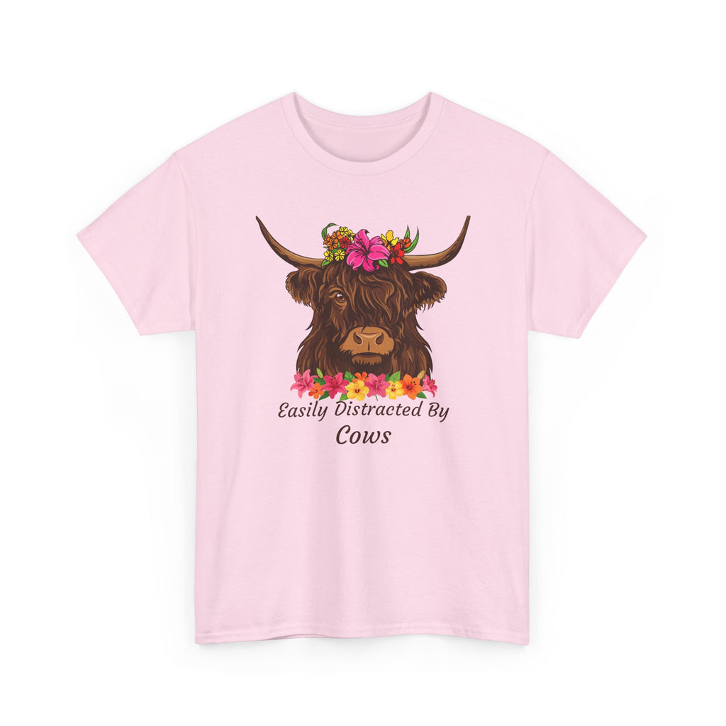 Highland Cow Floral Tee — "Easily Distracted by Cows" Cute Cow Graphic T-Shirt