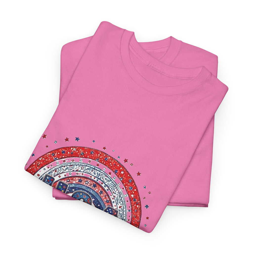 USA Retro Rainbow T-Shirt — Patriotic Fourth of July Tee with Stars & Flowers