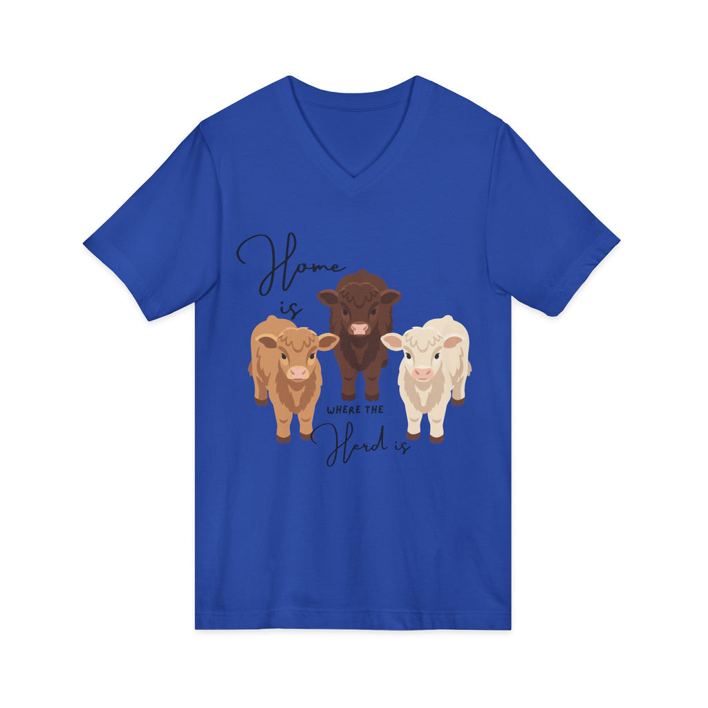 Cow Trio V-Neck Tee — "Home is Where the Herd Is" Cute Farm Animal Shirt