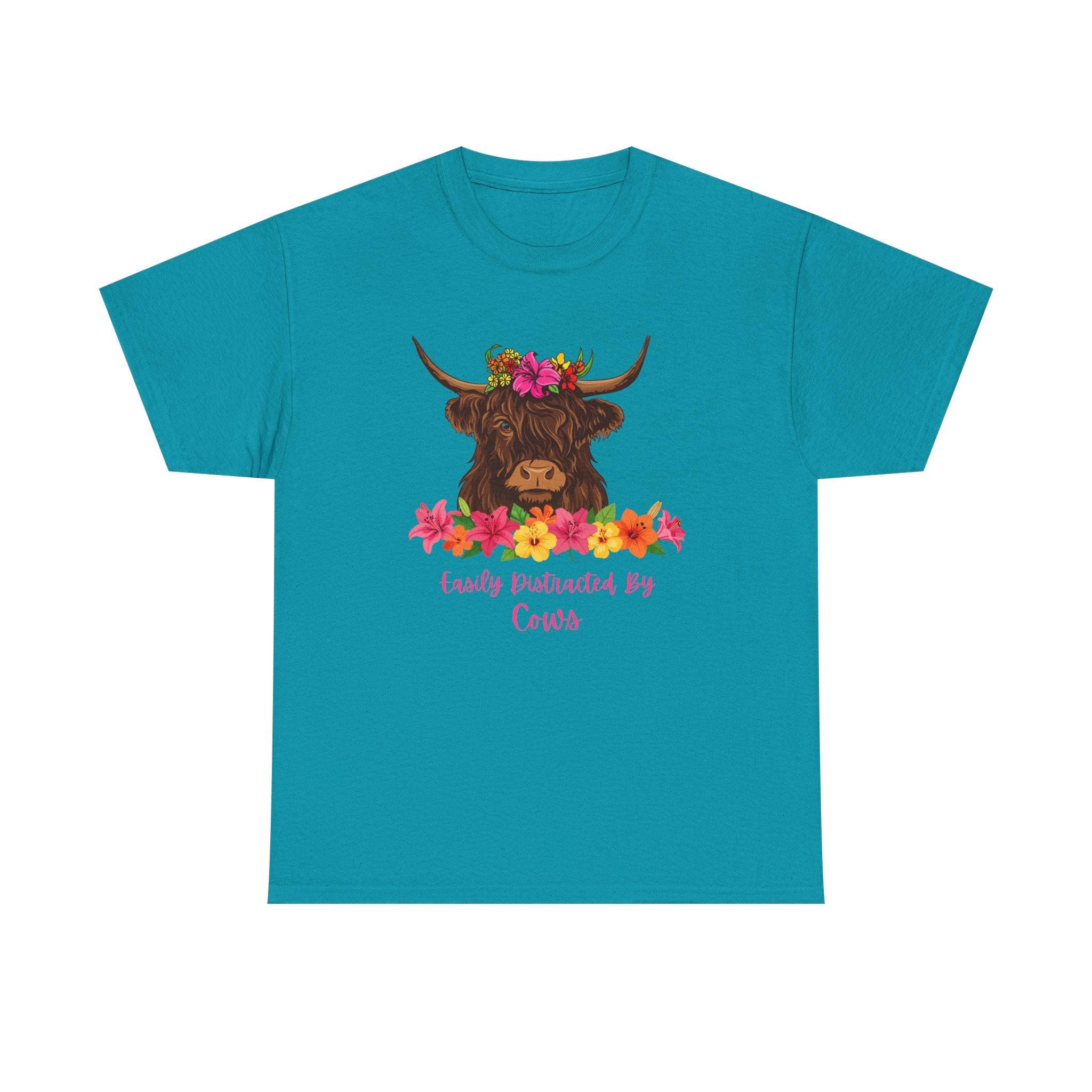 Cow Mom Floral Tee — 'Easily Distracted By Cows' Highland Cow Graphic Shirt