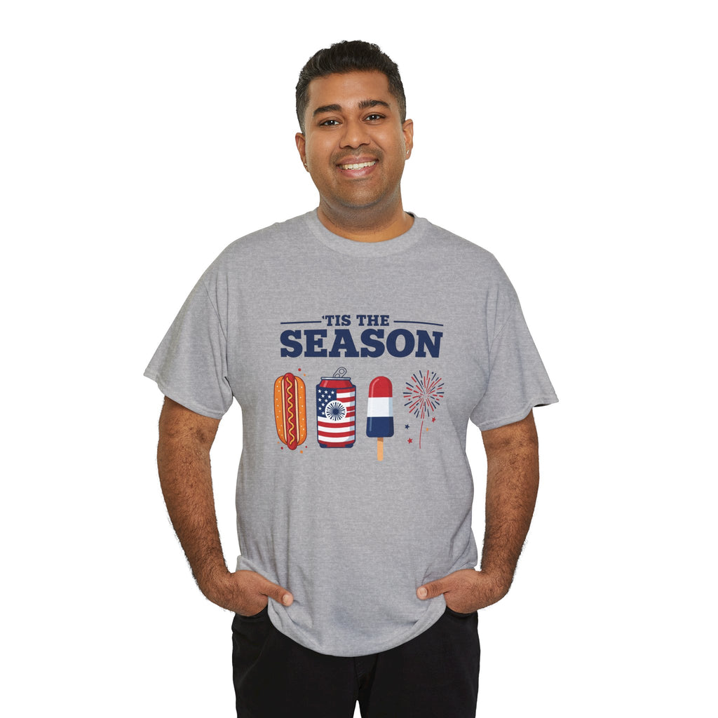 Fourth of July Tee — "'Tis the Season" Patriotic Hot Dog, Popsicle & Fireworks T-Shirt