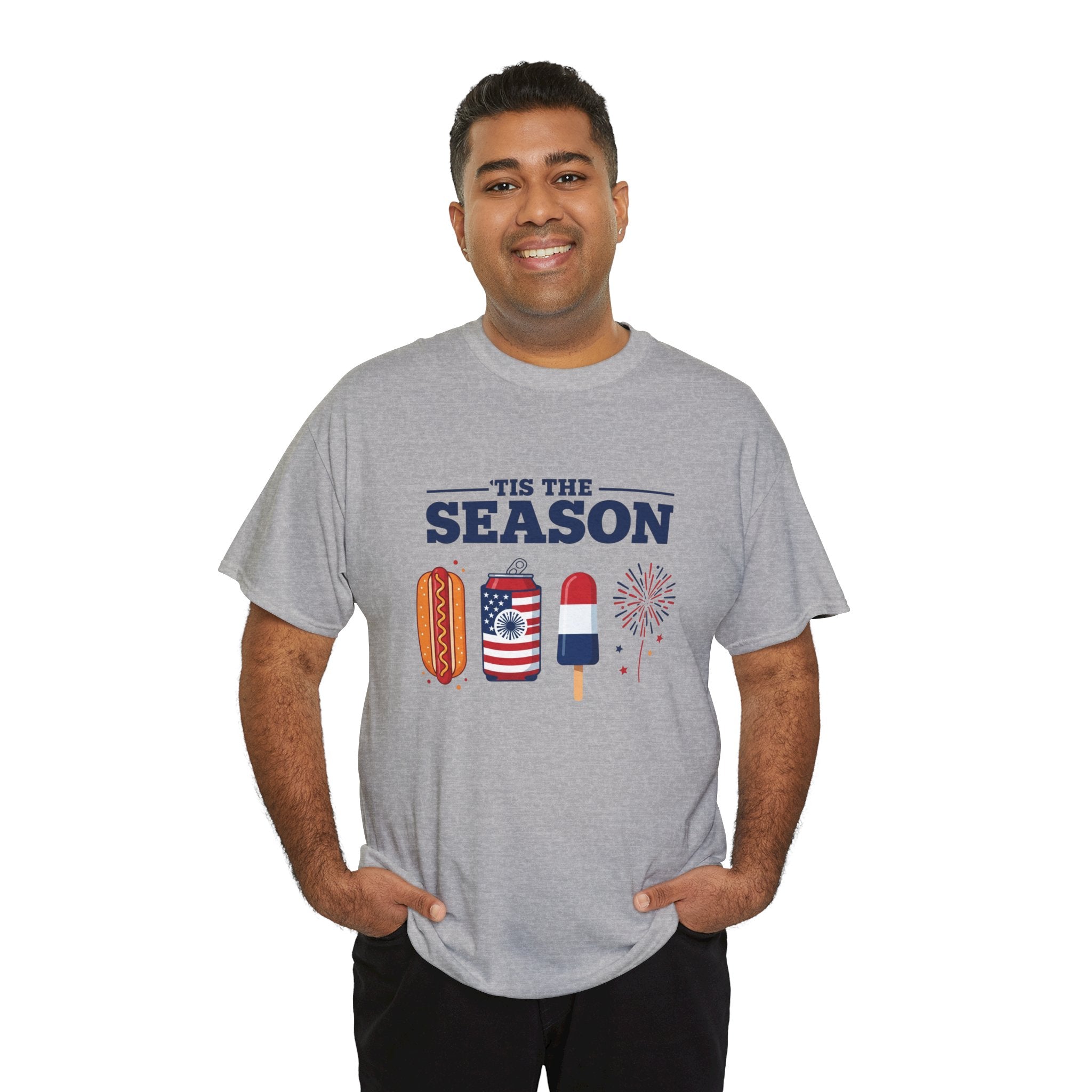 Fourth of July Tee — "'Tis the Season" Patriotic Hot Dog, Popsicle & Fireworks T-Shirt