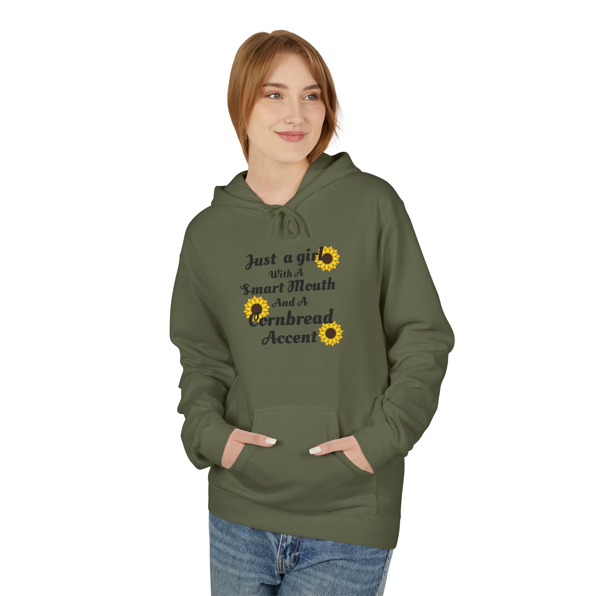 Cornbread Accent Hoodie — "Just a girl with a smart mouth & a cornbread accent" Sunflower Pullover