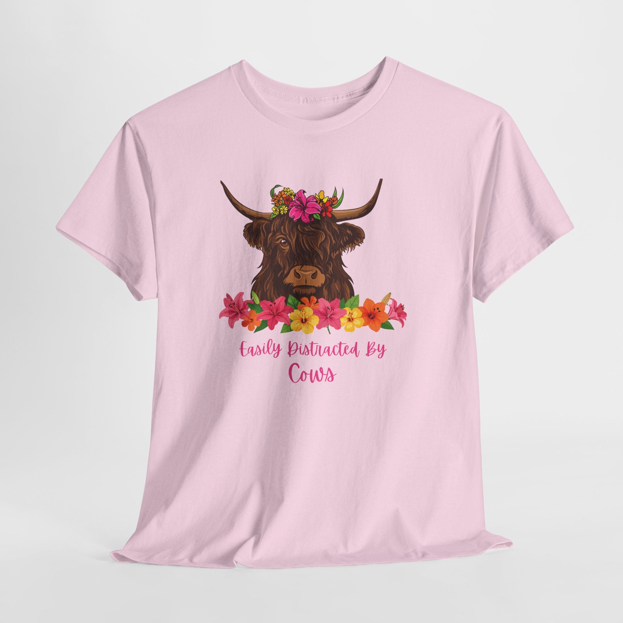 Cow Mom Floral Tee — 'Easily Distracted By Cows' Highland Cow Graphic Shirt