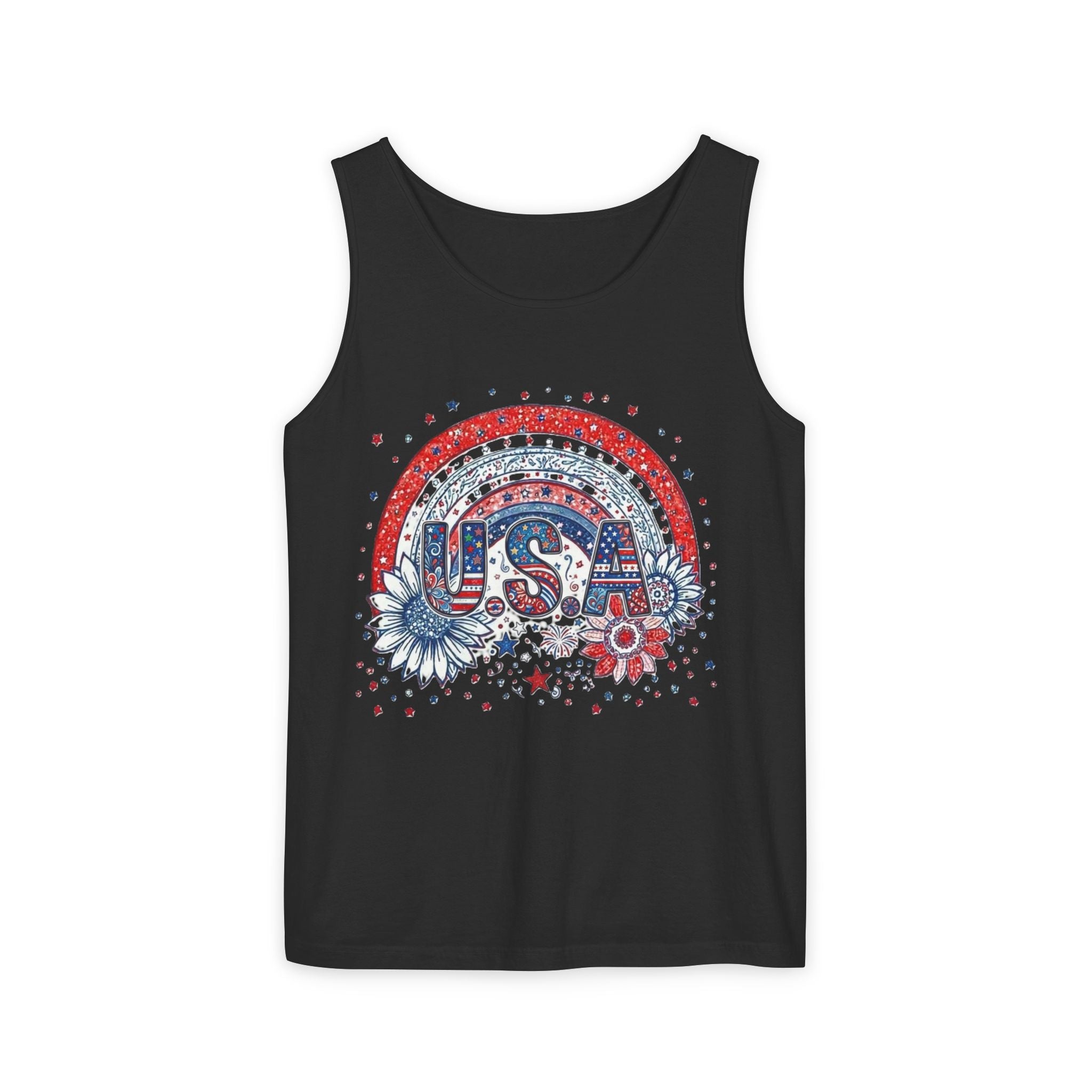 USA Rainbow Floral Tank Top — Patriotic 4th of July Sleeveless Tee