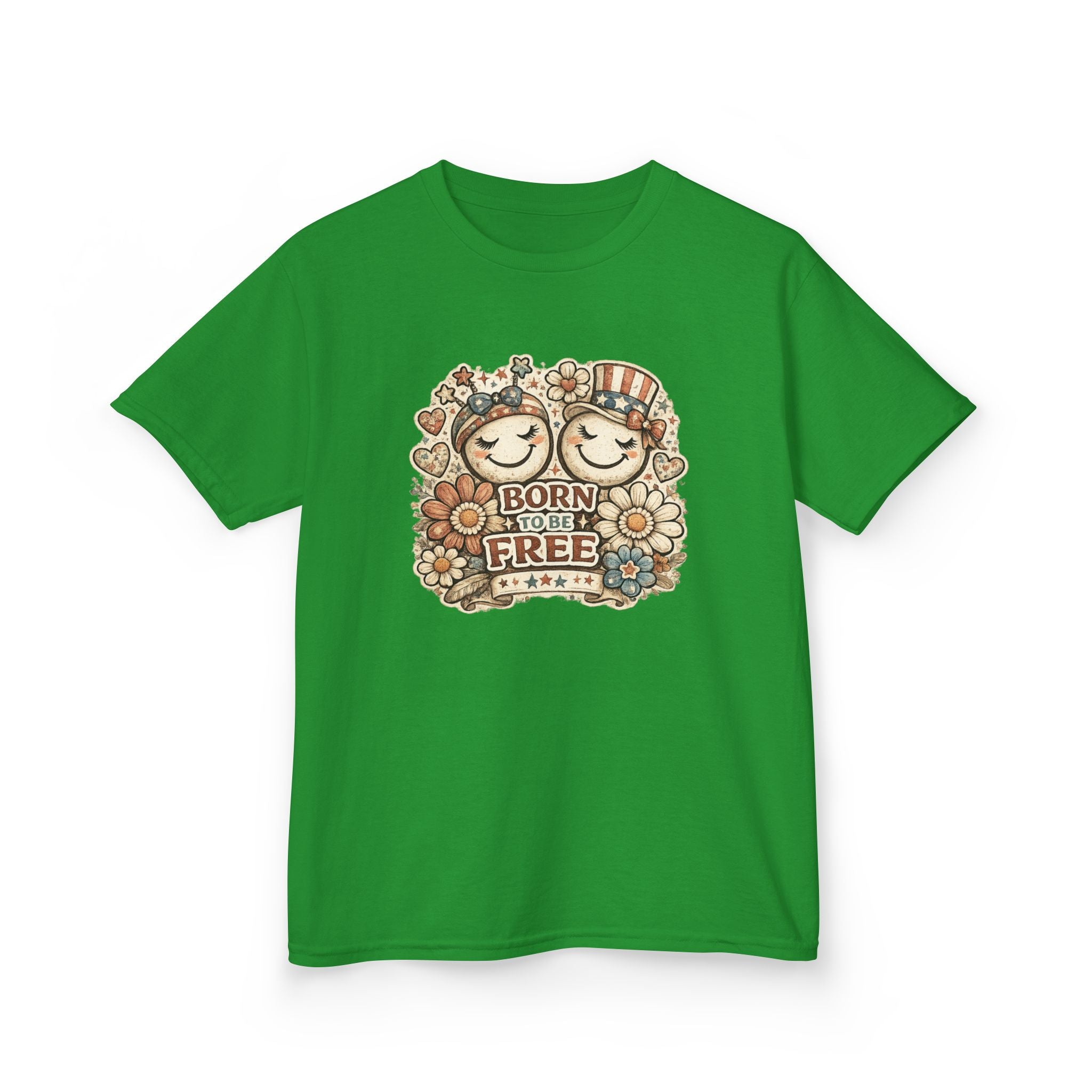 Kids T-Shirt – 'Born Free' Retro Smiley Flower Graphic
