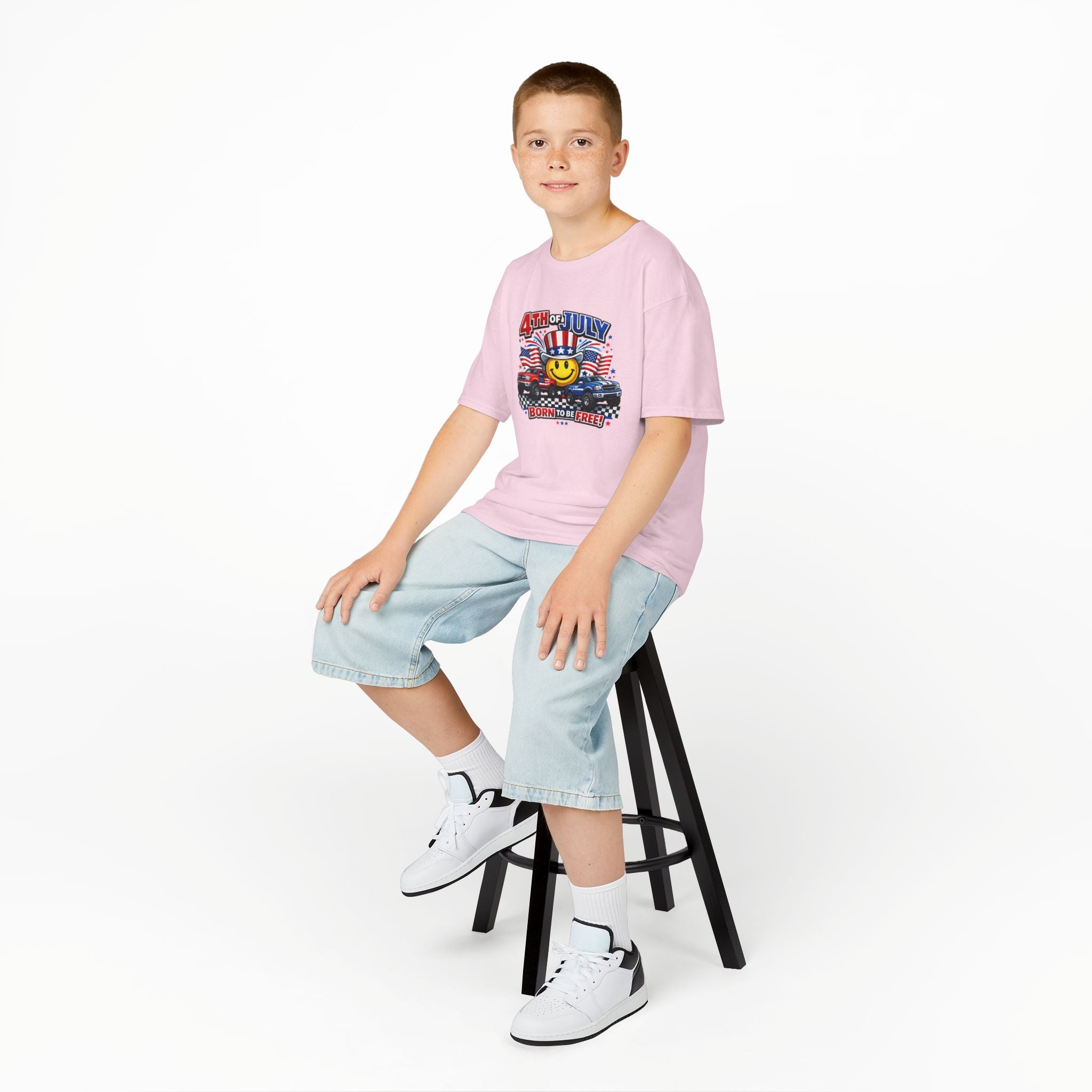 Kids Tee — 4th of July 'Born to Be Free' Smiley Flag Design
