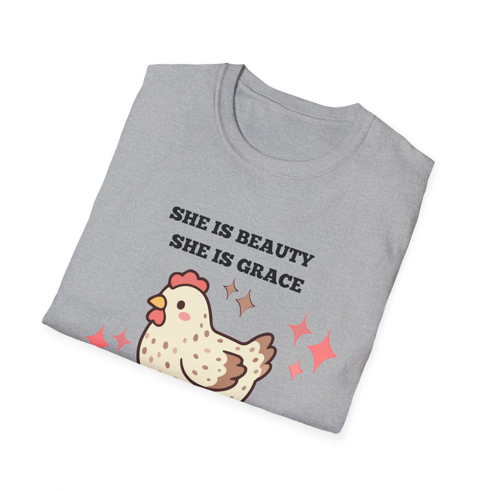 Chicken Tee — "She Is Beauty, She Is Grace, She Will Pech You in the Face" Funny Farm Animal T-Shirt