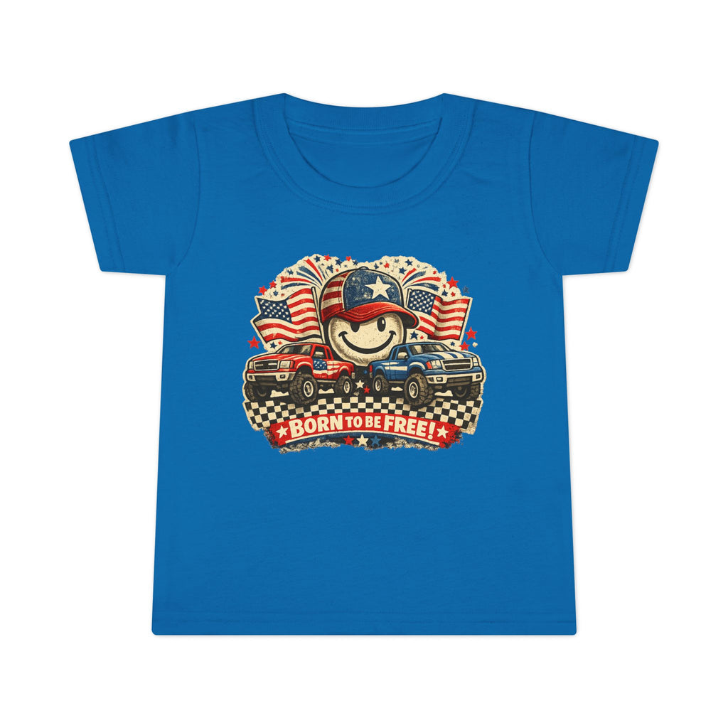 Toddler T‑Shirt — "Born to Be Free" Patriotic Trucks Graphic
