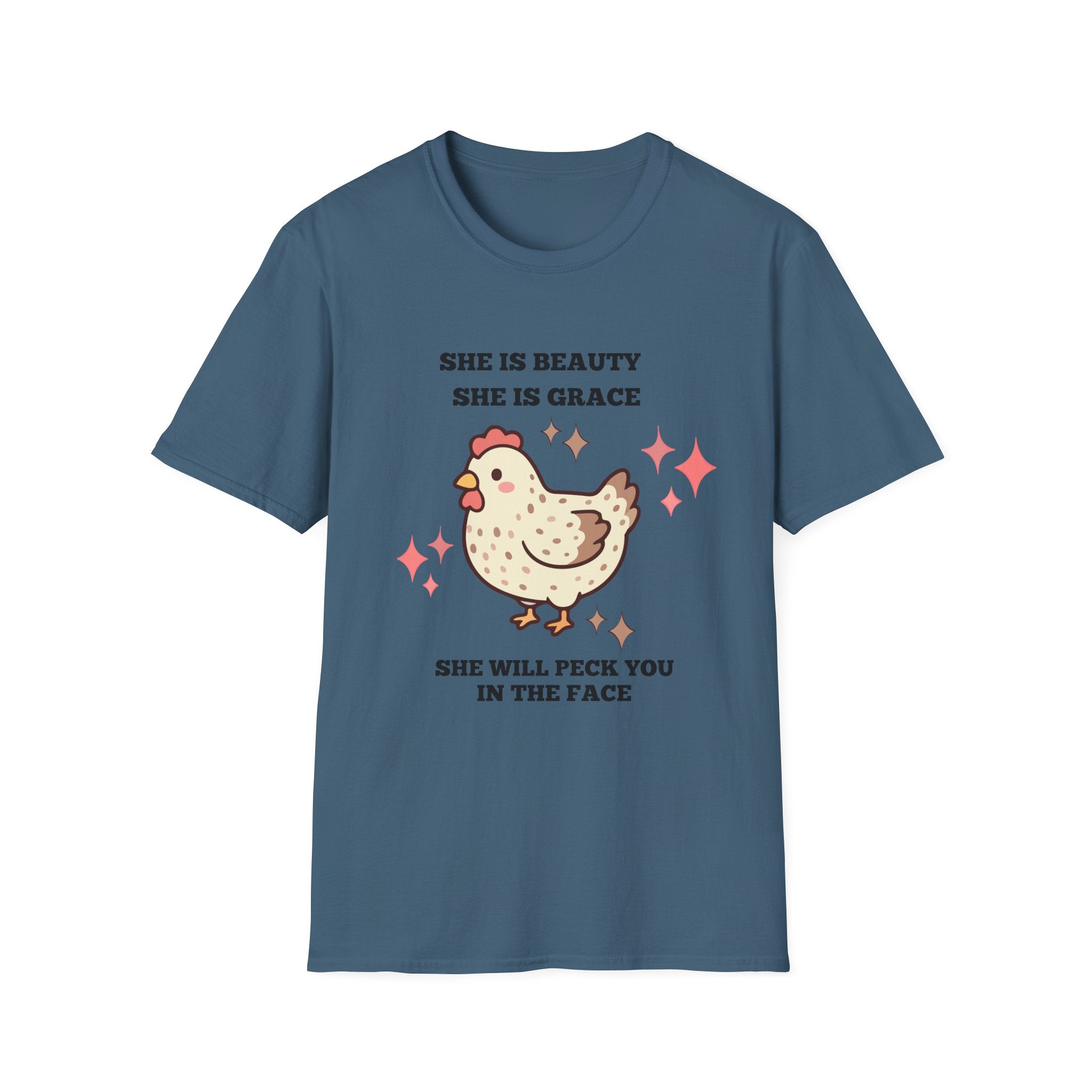 Chicken Tee — "She Is Beauty, She Is Grace, She Will Pech You in the Face" Funny Farm Animal T-Shirt