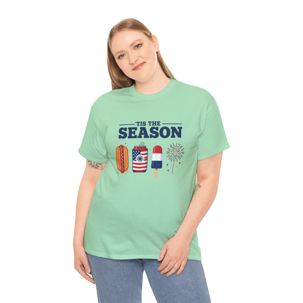 Fourth of July Tee — "'Tis the Season" Patriotic Hot Dog, Popsicle & Fireworks T-Shirt