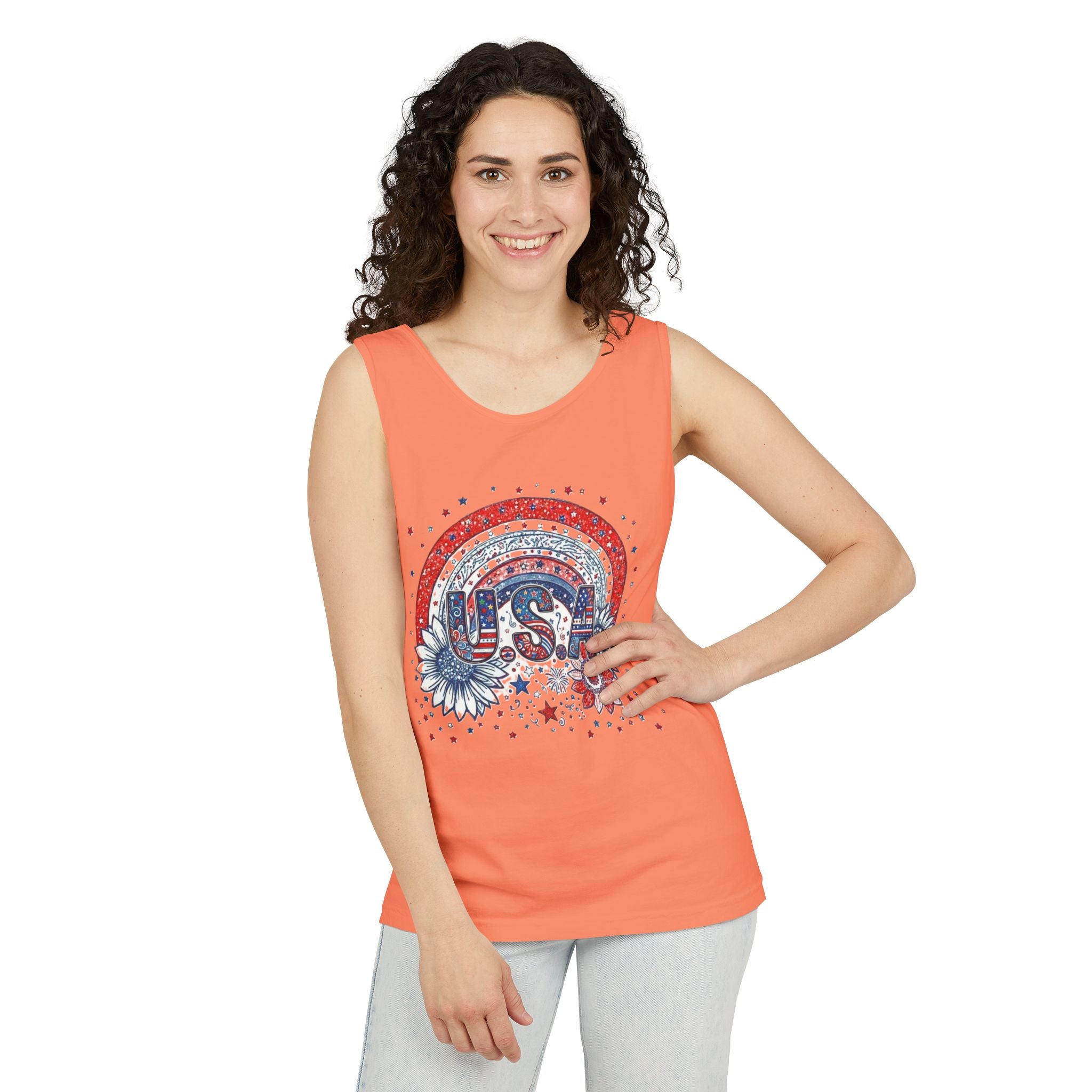 USA Rainbow Floral Tank Top — Patriotic 4th of July Sleeveless Tee
