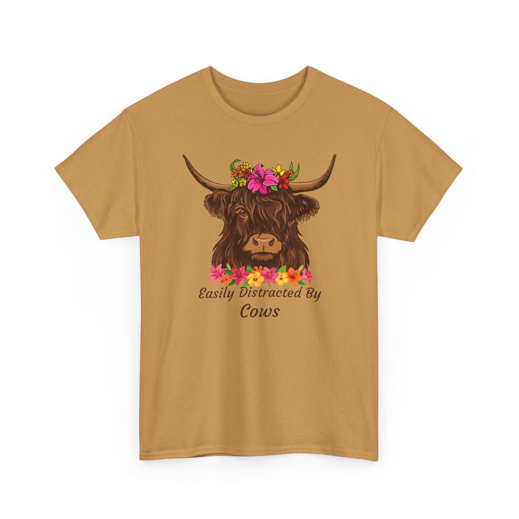 Highland Cow Floral Tee — "Easily Distracted by Cows" Cute Cow Graphic T-Shirt