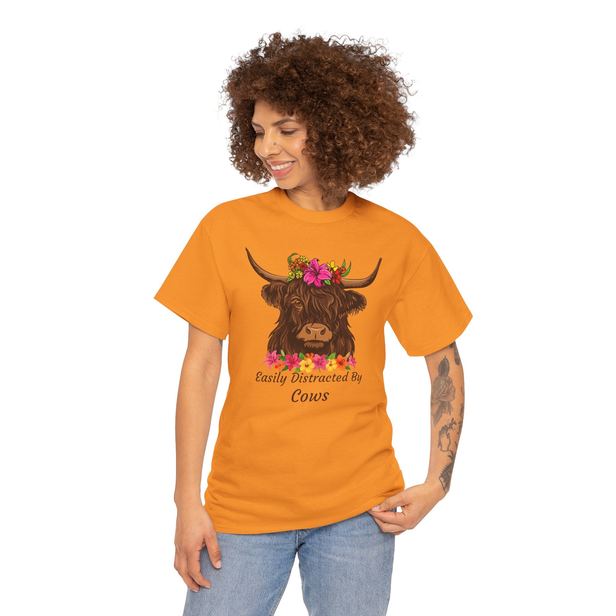 Highland Cow Floral Tee — "Easily Distracted by Cows" Cute Cow Graphic T-Shirt