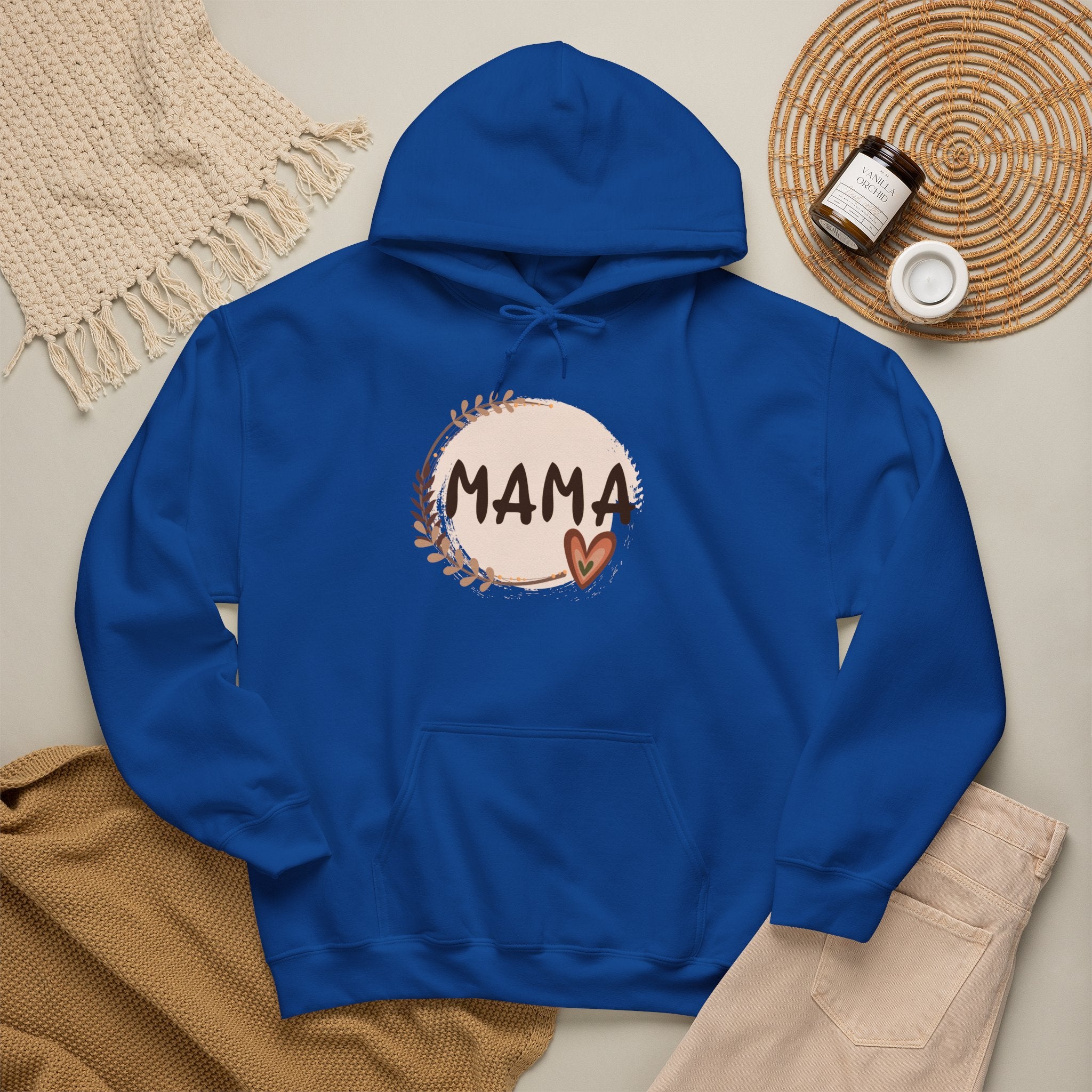 Mama Heart Hoodie — Soft Neutral Mom Sweatshirt, 'MAMA' Script with Heart & Wreath (Mother’s Day Gift)