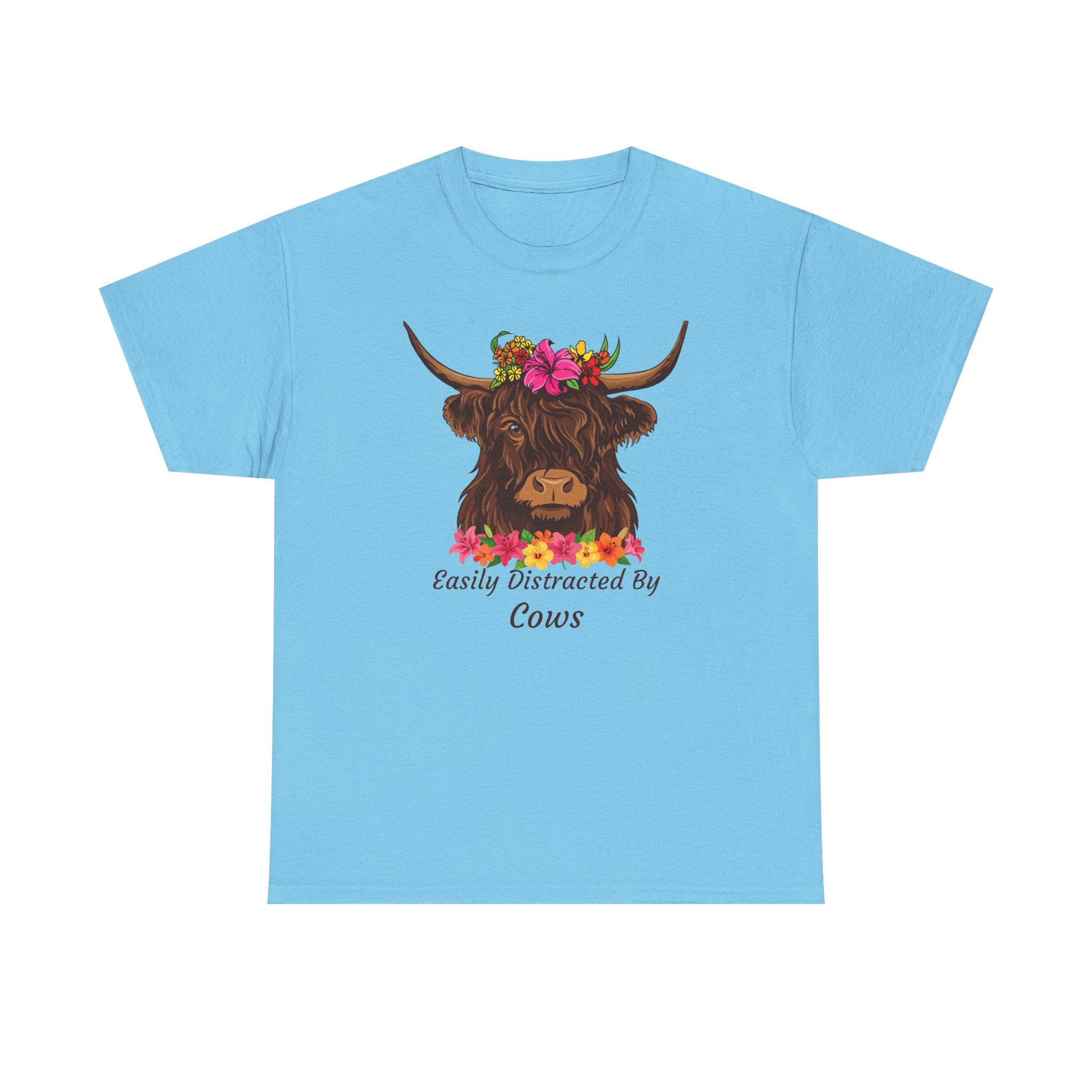 Highland Cow Floral Tee — "Easily Distracted by Cows" Cute Cow Graphic T-Shirt
